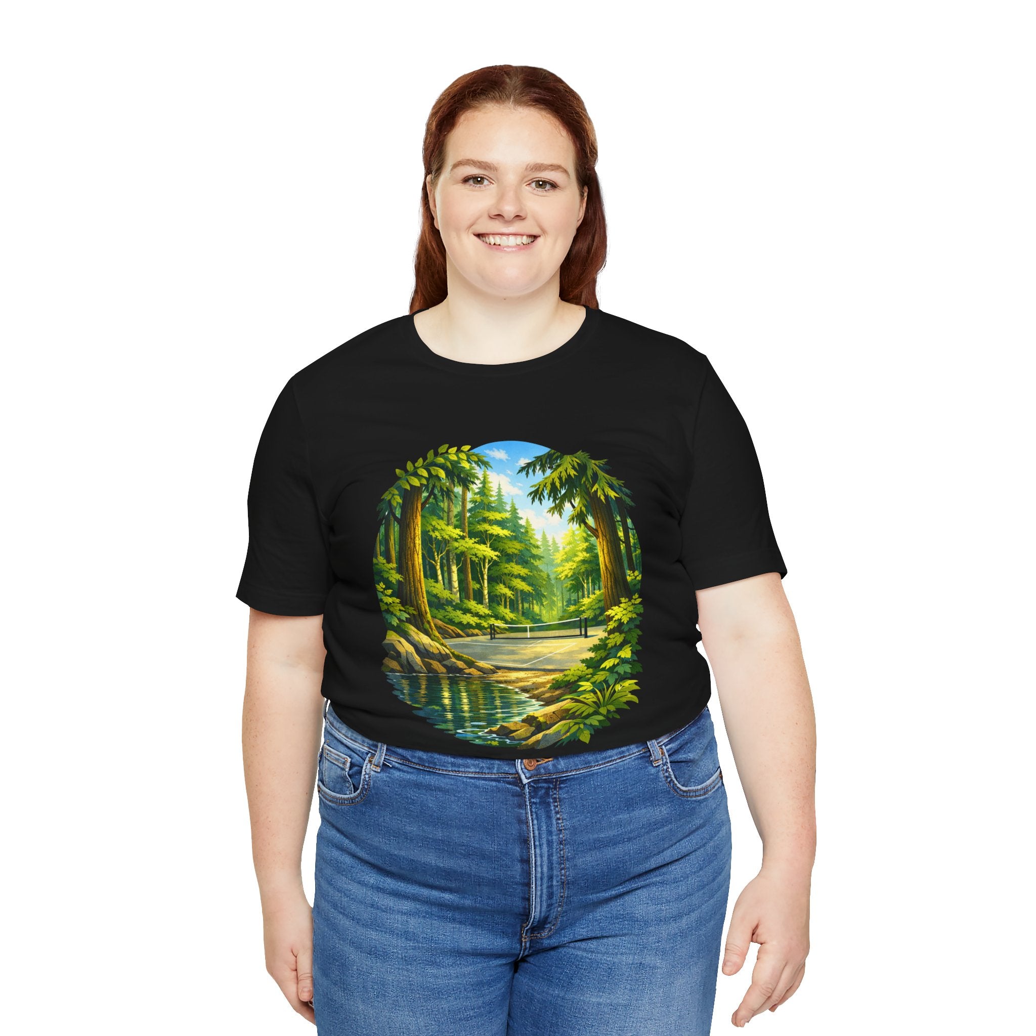 Unisex Hidden Forest Pickleball T-Shirt with Bainbridge Island tribute design, printed by Printify, featuring forest and pickleball graphics.