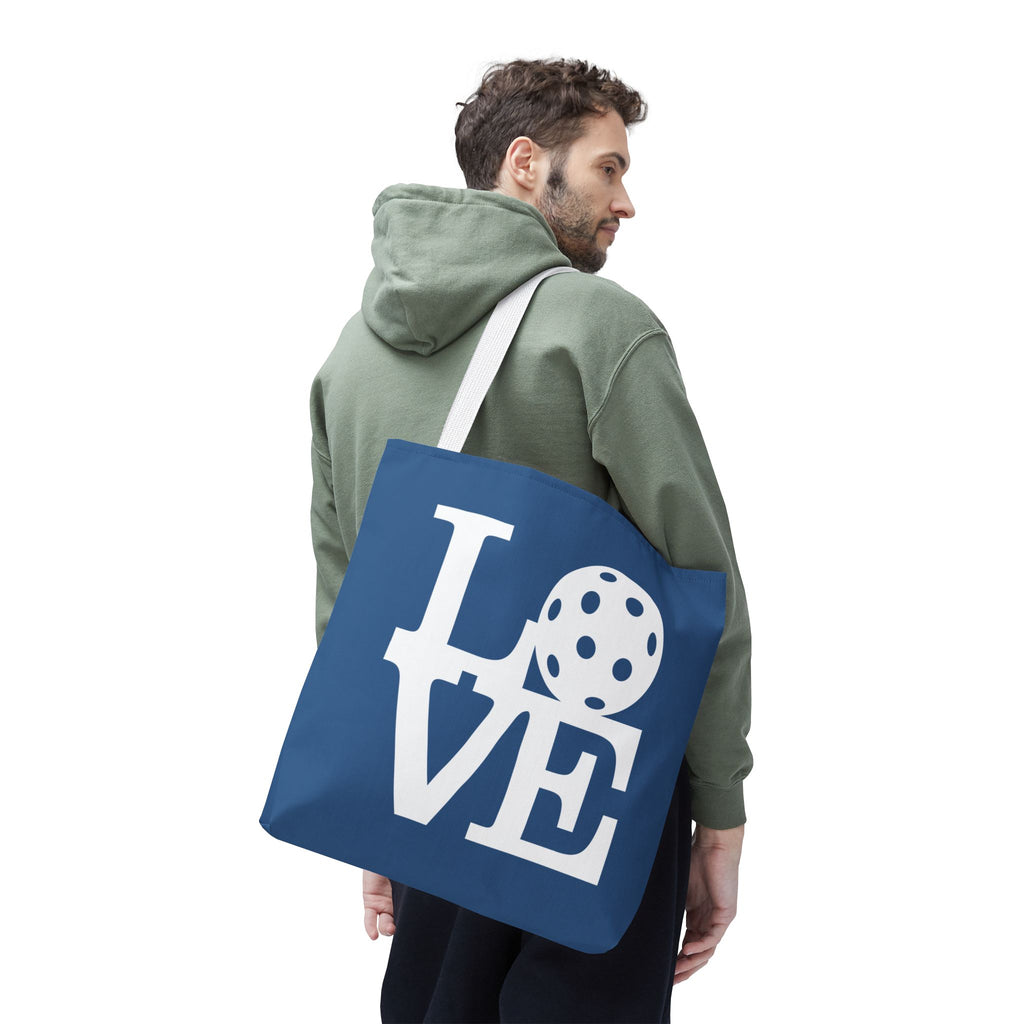 River blue Pickleball LOVE tote bag by Printify featuring a stylish LOVE design, perfect for carrying sports gear and daily essentials.