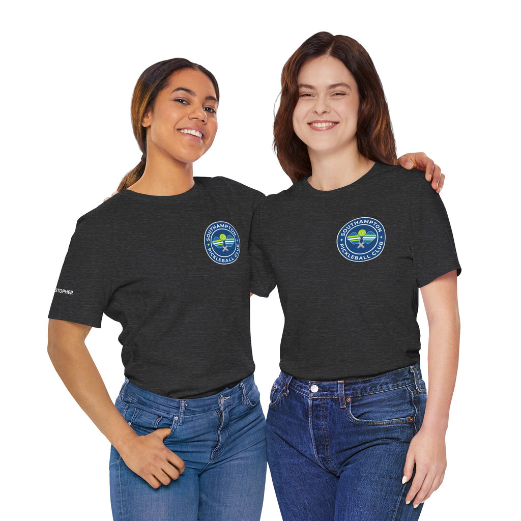 Personalized pickleball T-shirt by Printify with custom name sleeve, club logo, and pickleball graphic on the center back.