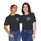 Personalized pickleball T-shirt by Printify with custom name sleeve, club logo, and pickleball graphic on the center back.