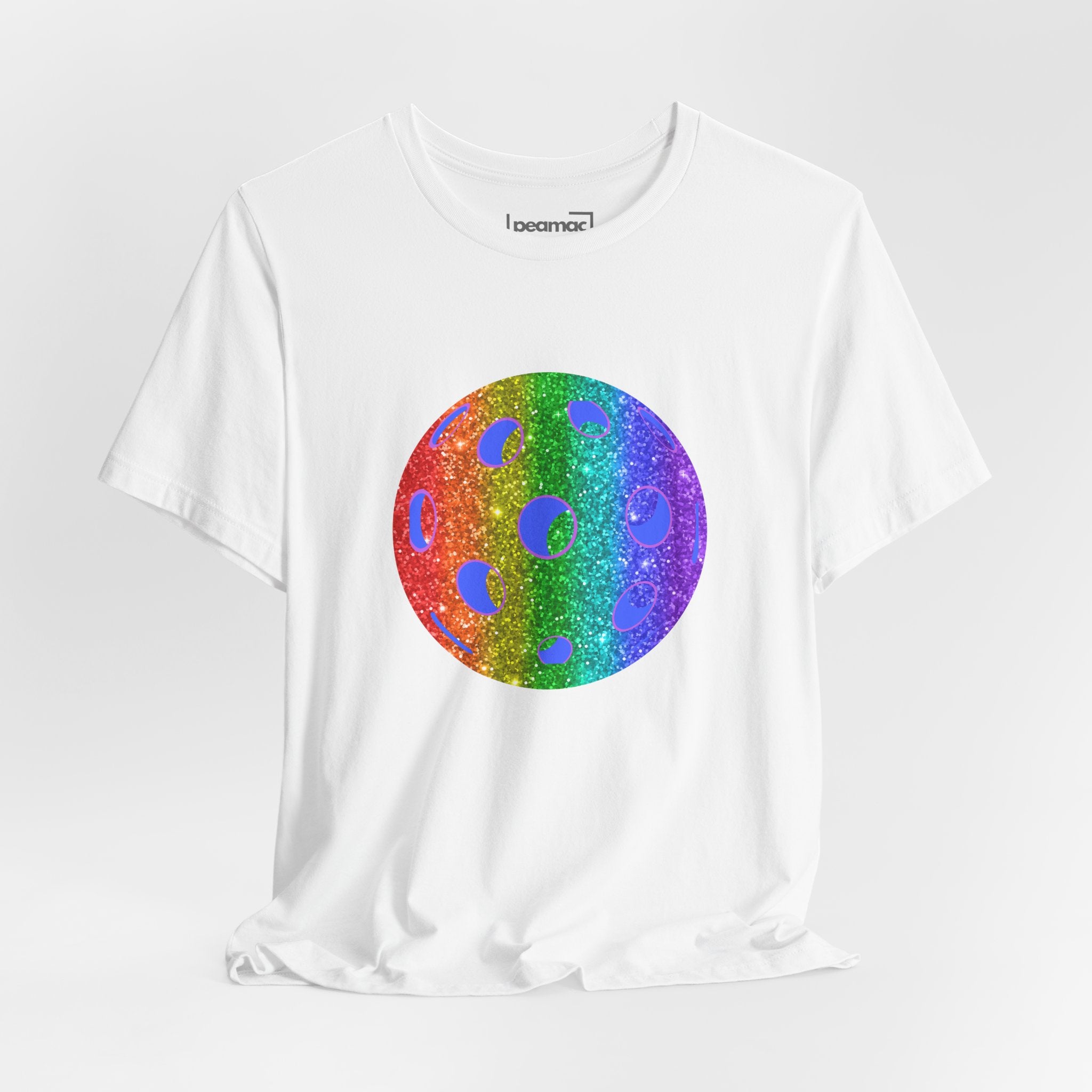 Rainbow glitter pickleball T-shirt featuring the Sparkle Loud and Proud Pickleball Pride Tee design by Printify.