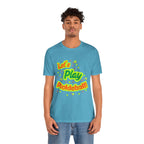 Neon orange and electric green pickleball rally T-shirt with court graphic, casual athletic wear by Printify.