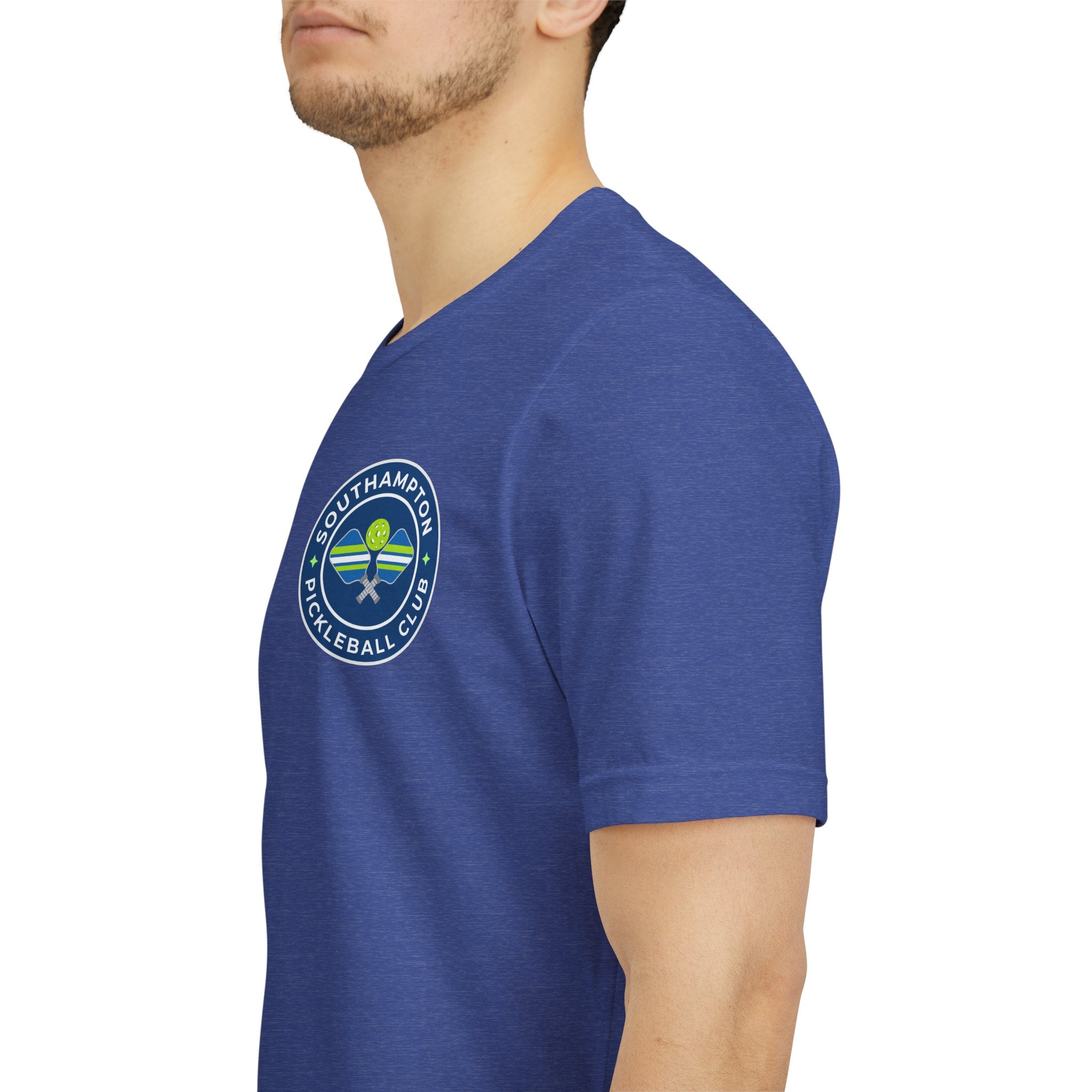 Personalized pickleball T-shirt with custom name sleeve and club logo on the back, featuring a pickleball design in the center.