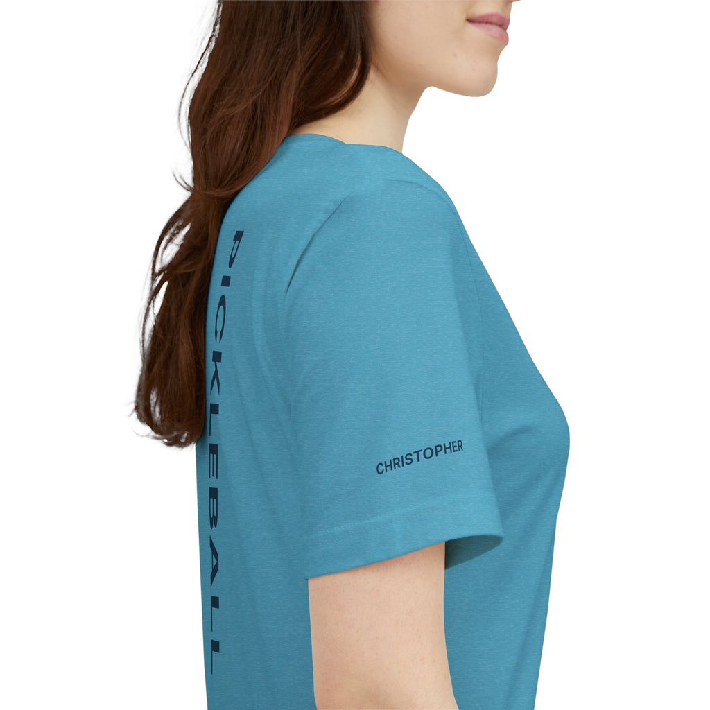 Personalized pickleball T-shirt with custom name sleeve and club logo on the back, designed for pickleball players.