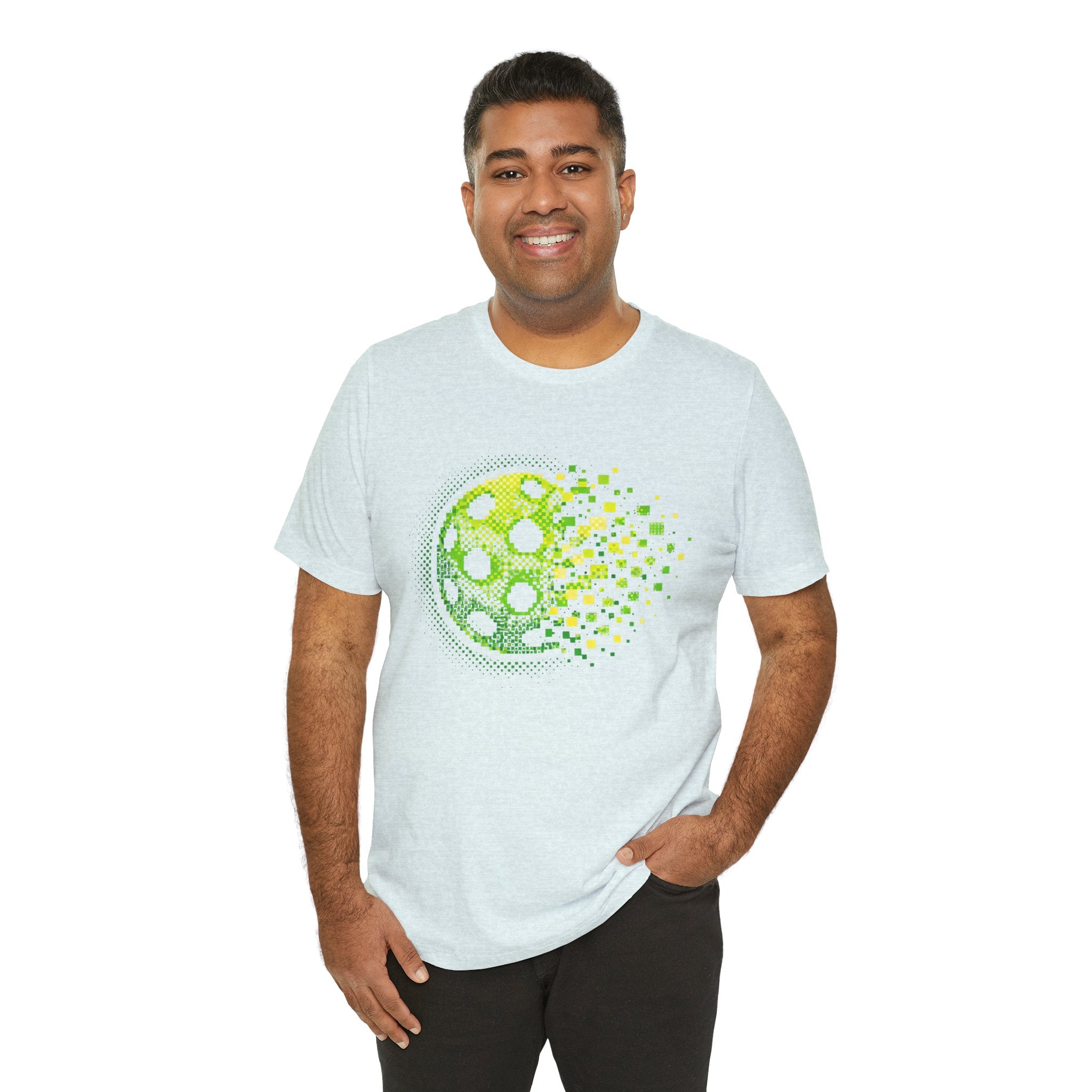 Green Pixelated Pickleball Tee with retro court graphic, Printify branded casual T-shirt for pickleball enthusiasts.