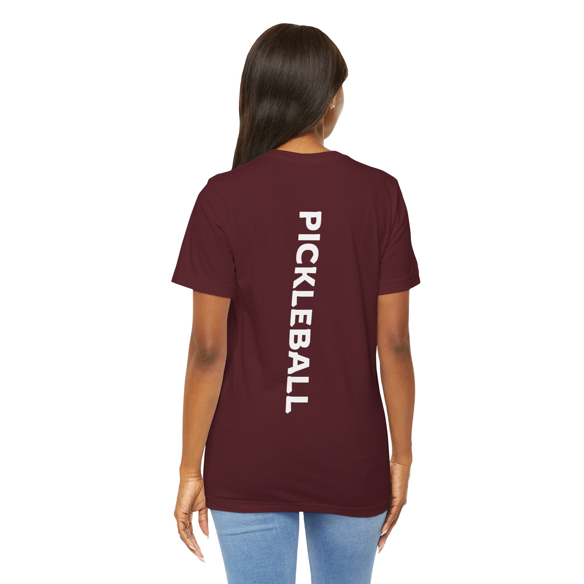 Women's retro-inspired Pickleball T-shirt with vertical 'PICKLEBALL' back print, casual athletic wear by Printify.