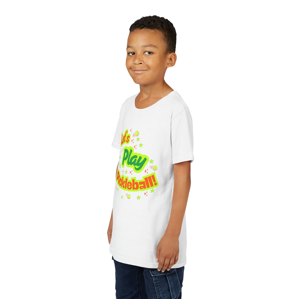 Youth neon pickleball graphic t-shirt for kids from Printify, featuring colorful pickleball design on comfortable kids' clothing.