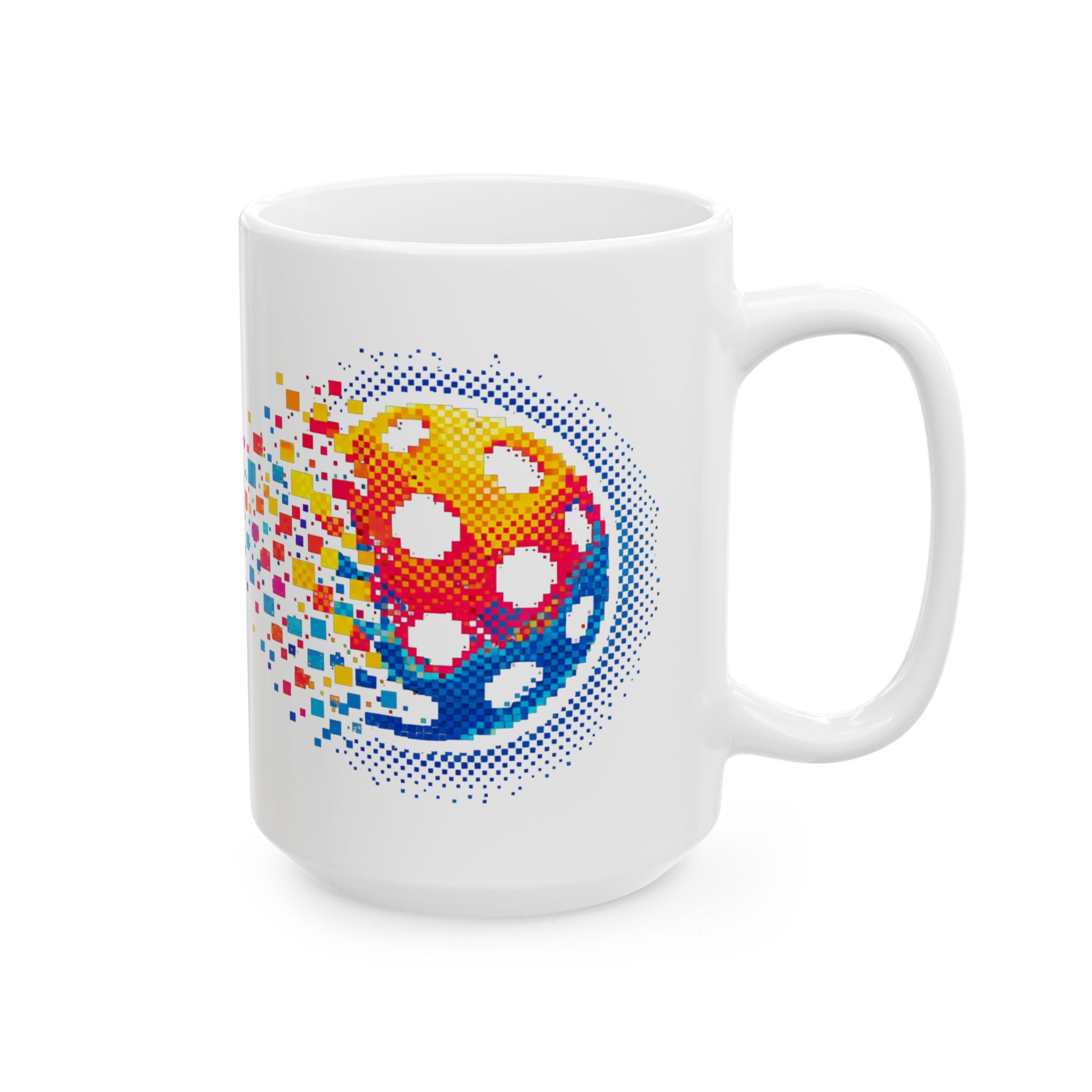 Pixelated Pickleball Ceramic Mug with retro exploding pickleball design, available in 11oz and 15oz sizes, by Printify.