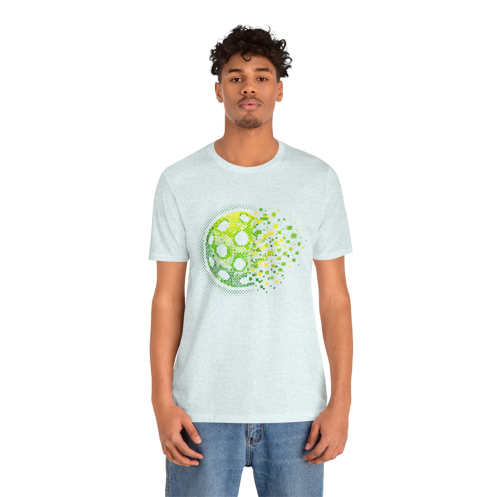 Green Pixelated Pickleball Tee featuring retro court graphic, casual T-shirt by Printify for pickleball enthusiasts.