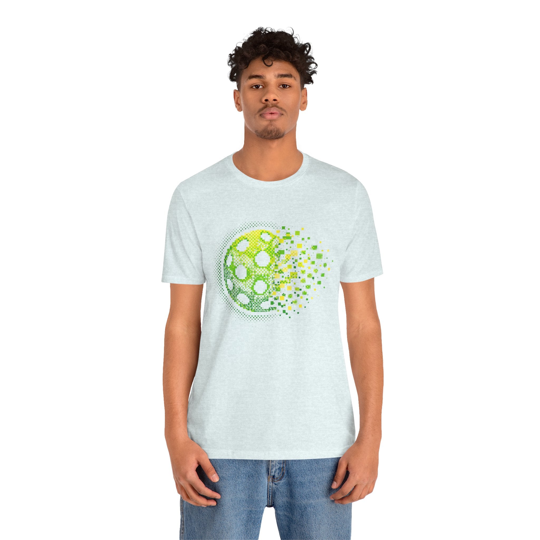 Green Pixelated Pickleball Tee featuring retro court graphic, casual T-shirt by Printify for pickleball enthusiasts.
