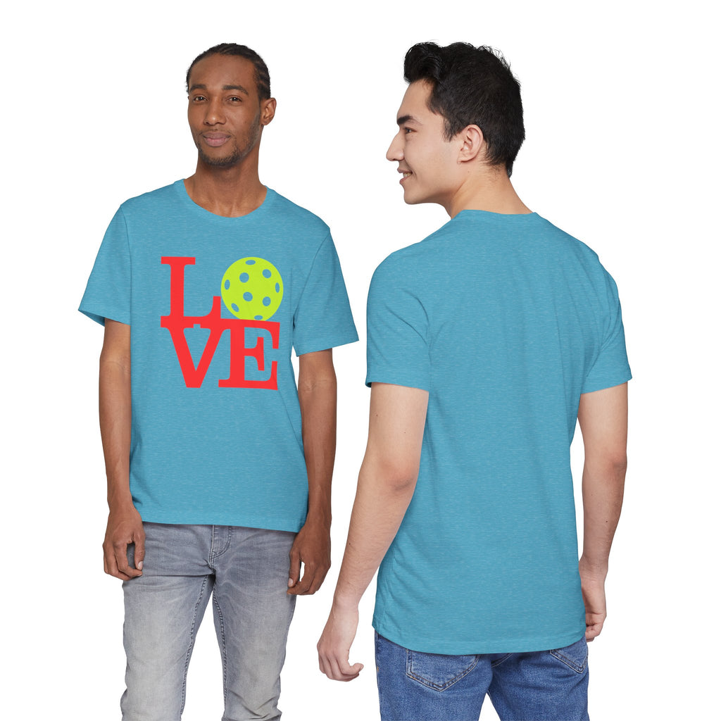 Neon pop art LOVE pickleball T-shirt by Printify featuring vibrant design and comfortable fit, perfect for pickleball enthusiasts.