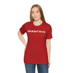 Toronto PickleTOwn T-Shirt featuring CN Tower and Pickleball 'O' design, casual apparel by Printify.