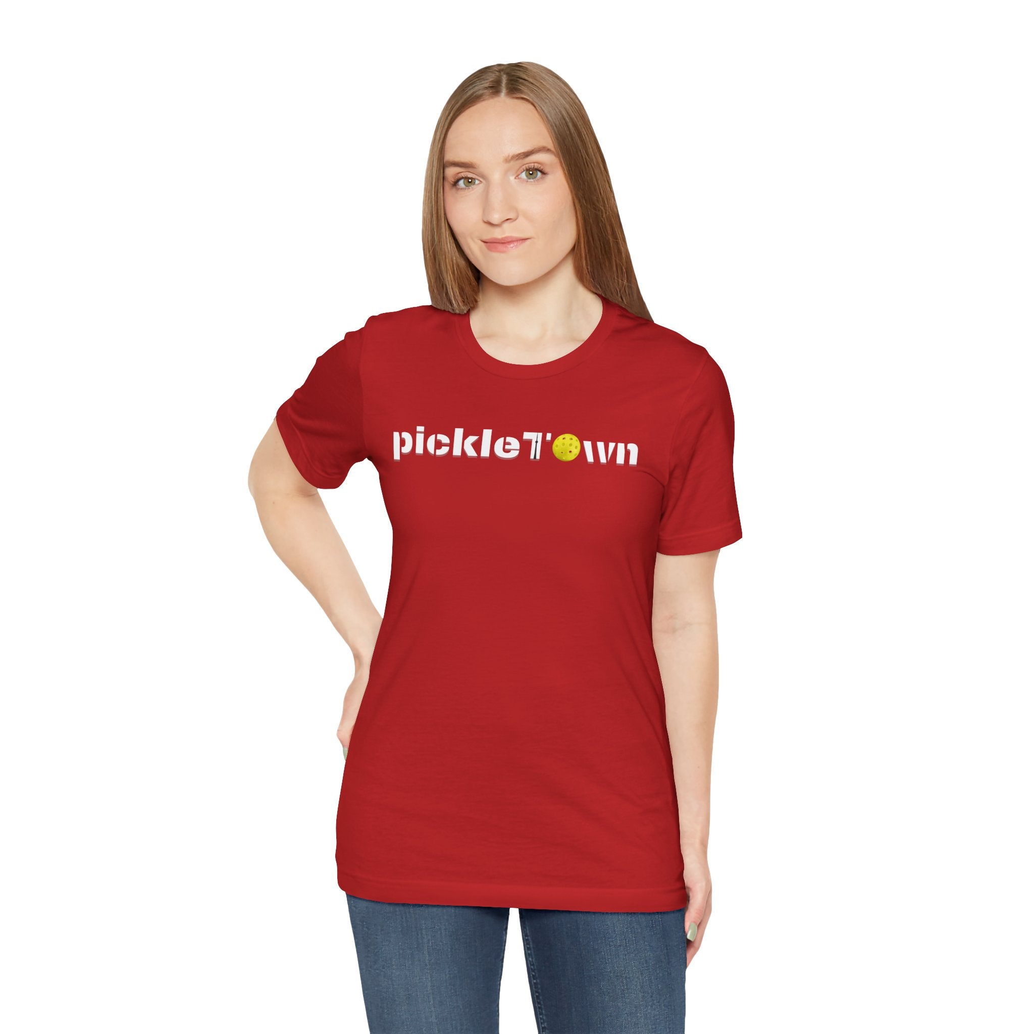 Toronto PickleTOwn T-Shirt featuring CN Tower and Pickleball 'O' design, casual apparel by Printify.