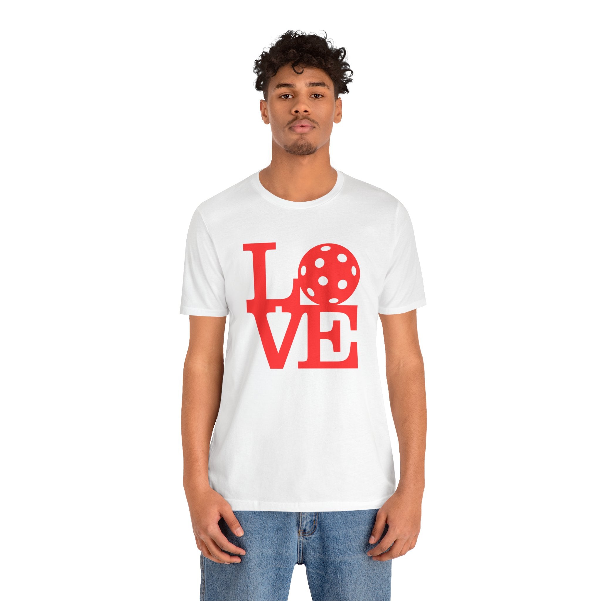 Red Love Pickleball graphic T-shirt by Printify featuring bold pop art style design on a casual men's or women's tee.