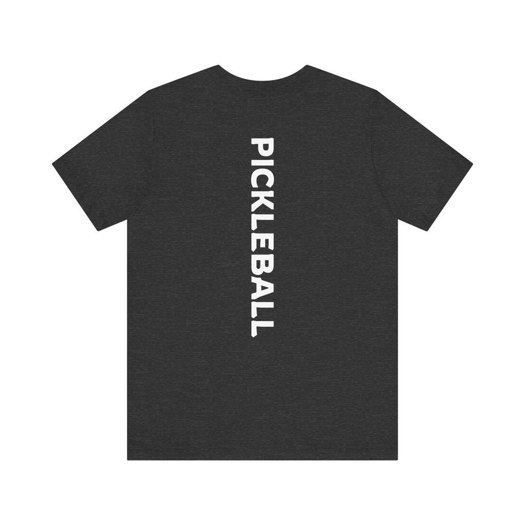 Men's Retro Pickleball Action T-shirt with front silhouette and vertical 'PICKLEBALL' text on the back, by Printify.