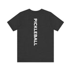Men's Retro Pickleball Action T-shirt with front silhouette and vertical 'PICKLEBALL' text on the back, by Printify.