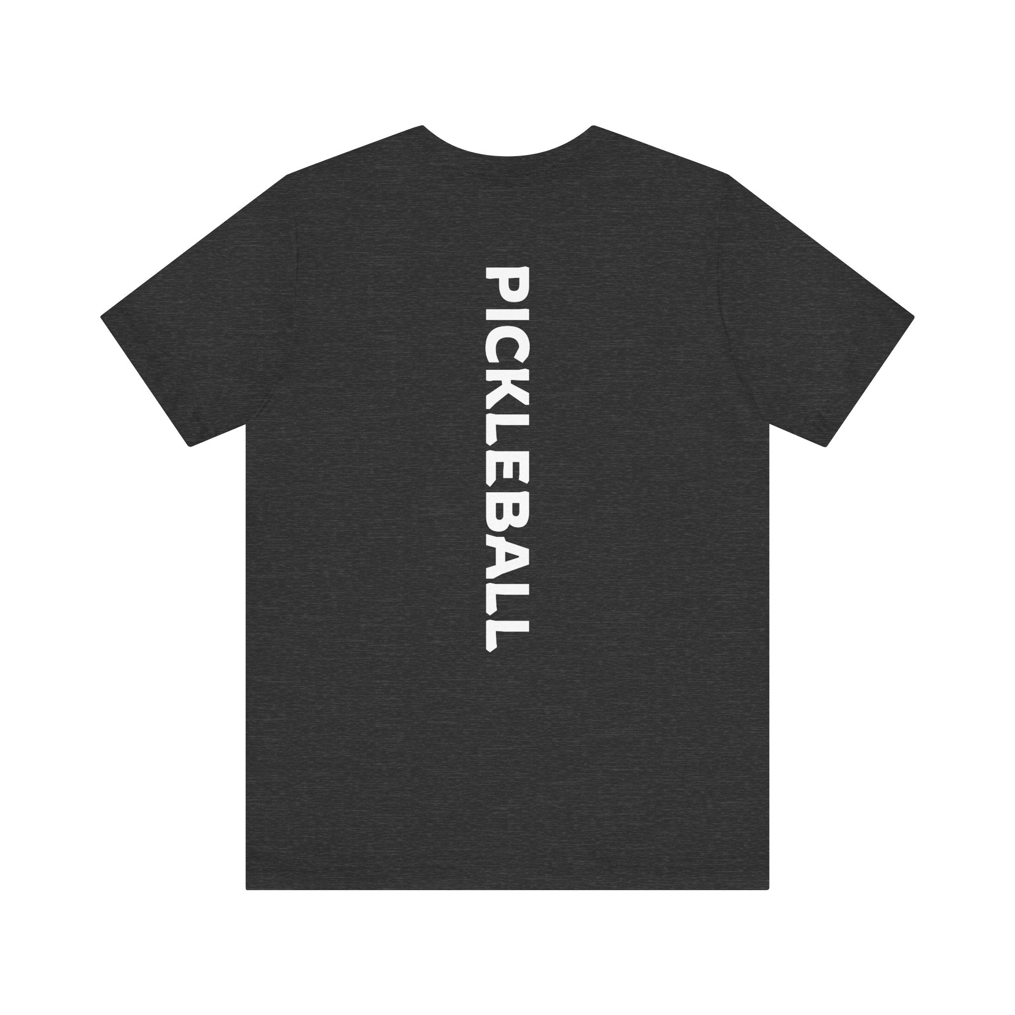 Men's Retro Pickleball Action T-shirt with front silhouette and vertical 'PICKLEBALL' text on the back, by Printify.