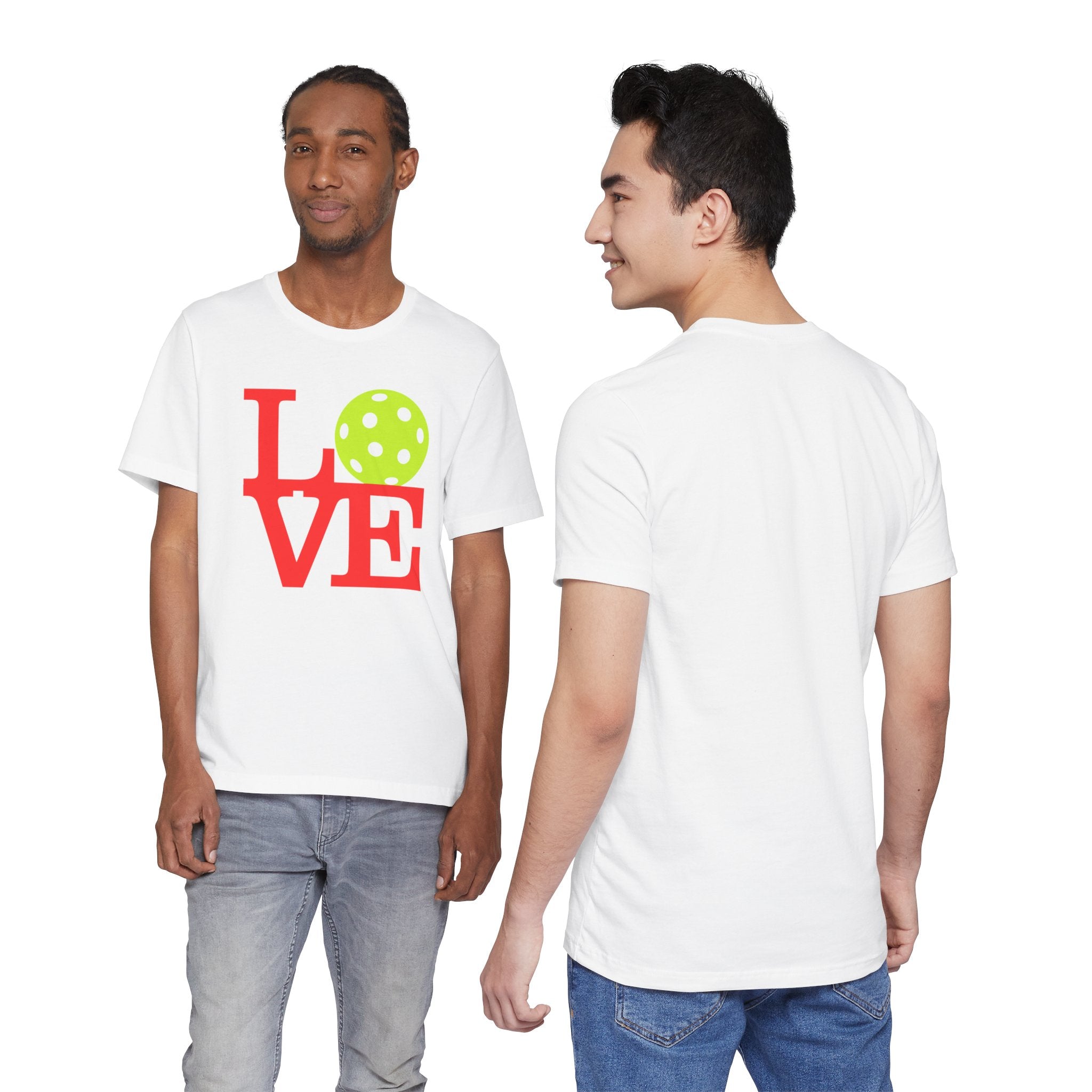 Bright neon pop art Love Pickleball T-shirt by Printify, featuring colorful graphics and comfortable cotton fabric.
