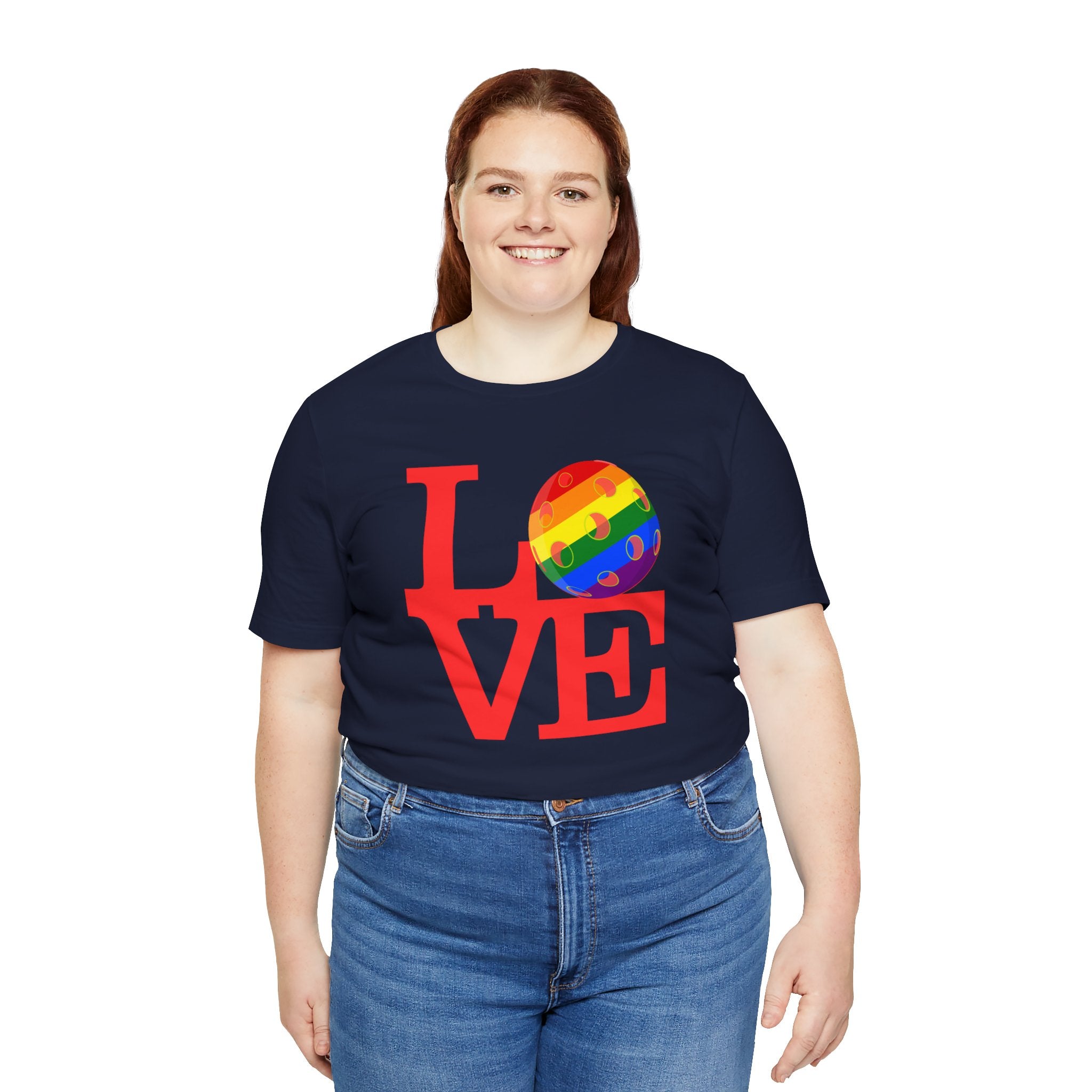 Rainbow LOVE Pickleball Pride T-Shirt from Printify featuring colorful LGBTQ2 pride design on a casual tee.