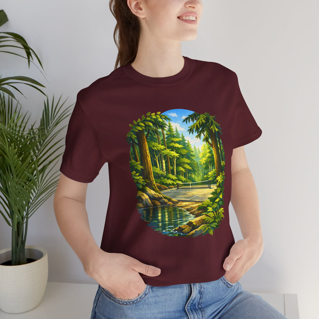 Unisex Hidden Forest Pickleball T-Shirt with Bainbridge Island tribute design, in soft fabric, featuring a nature-inspired graphic.