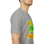 Neon orange and electric green pickleball rally T-shirt with court graphic from Printify, casual athletic style.
