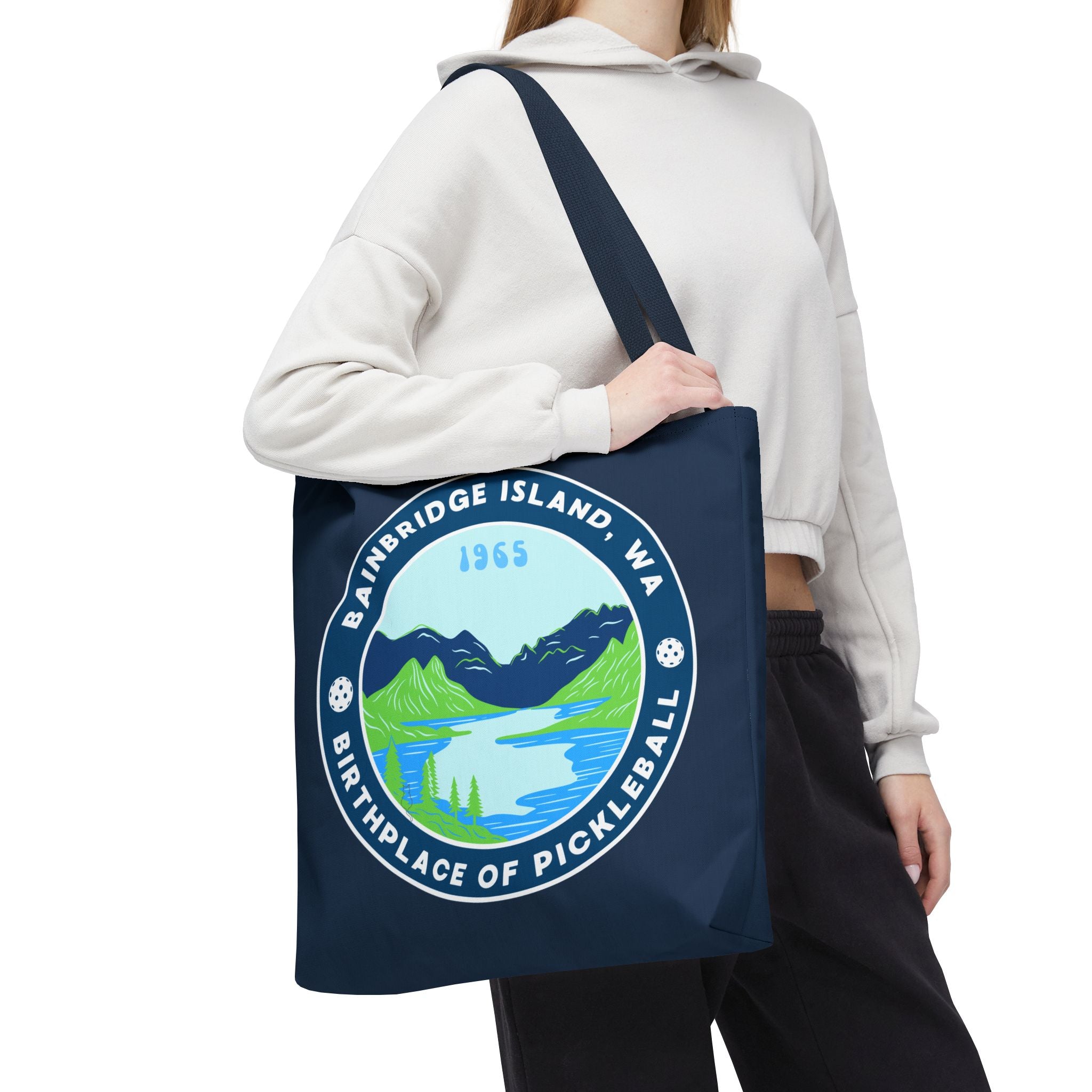 Large Pickleball tote bag by Printify featuring Bainbridge Island WA, the birthplace of pickleball, with spacious design for gear.