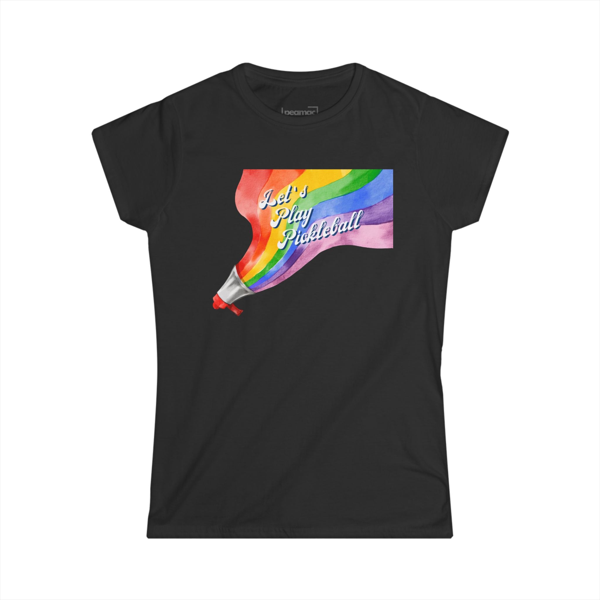 Women's Semi-fitted Shout It Out Proud – Let’s Play Pickleball T-Shirt | Rainbow Megaphone Design | LGBTQ2 Boutique