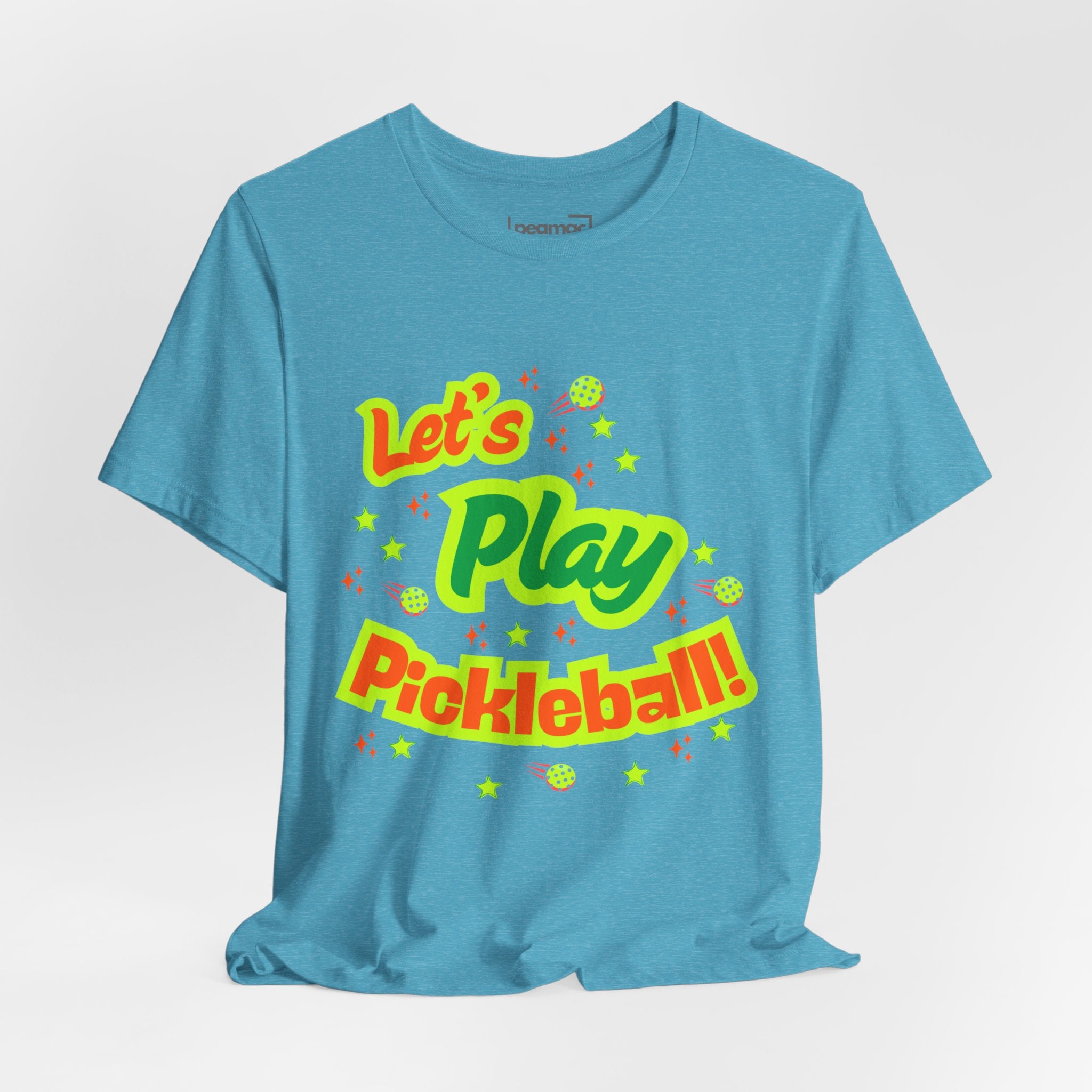 Neon orange and electric green pickleball rally T-shirt with court graphic, casual athletic wear by Printify.