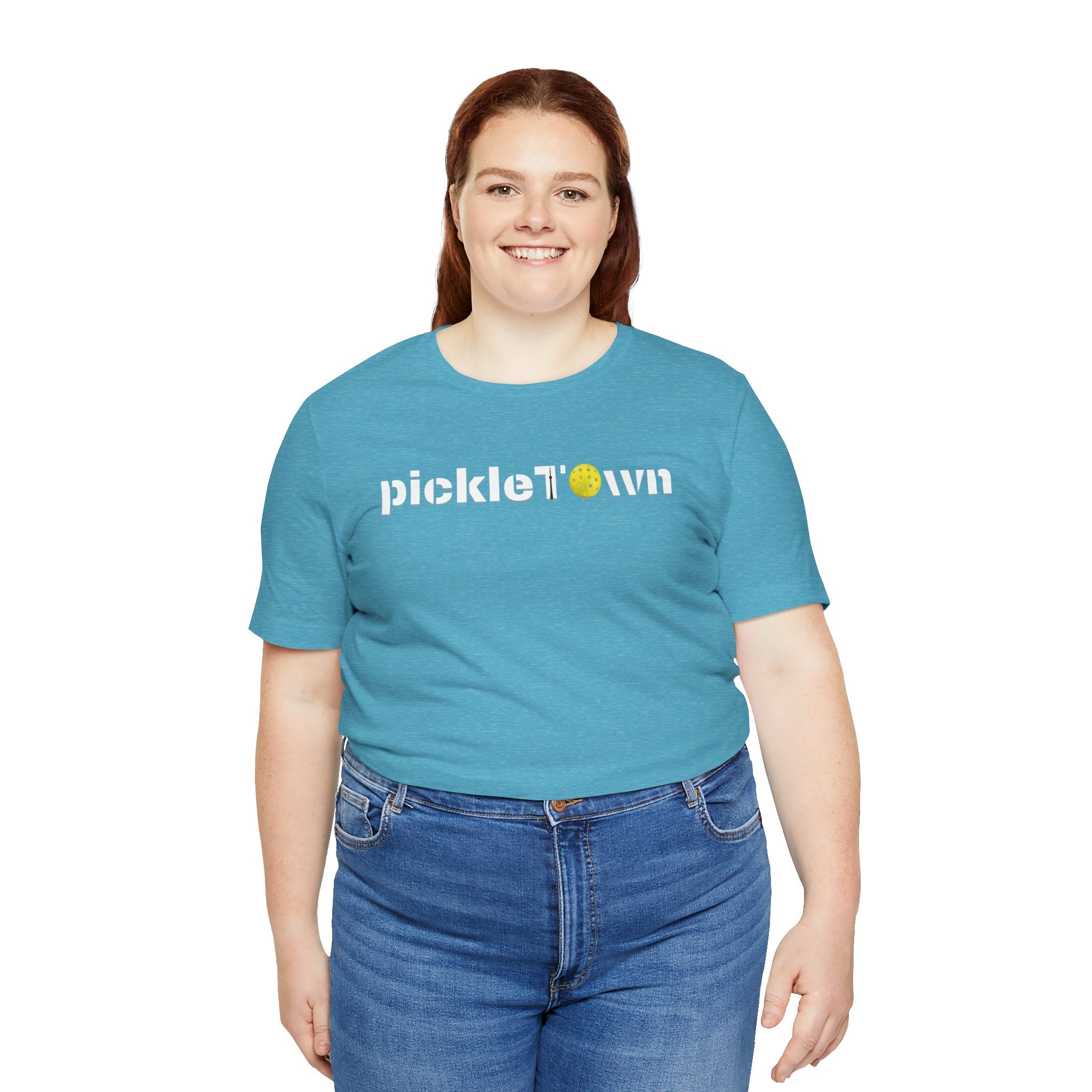 Toronto PickleTown T-Shirt featuring CN Tower and pickleball design, casual unisex tee by Printify.