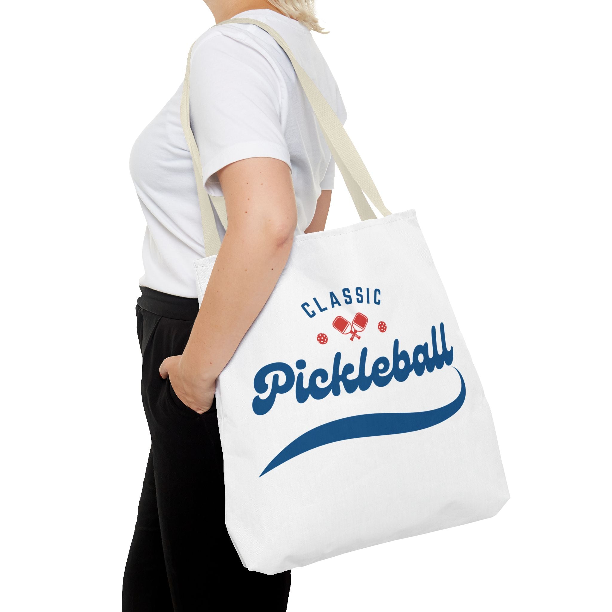 Large red and blue Pickleball tote bag by Printify with rugged shoulder straps, spacious 18x18-inch design for gear storage.