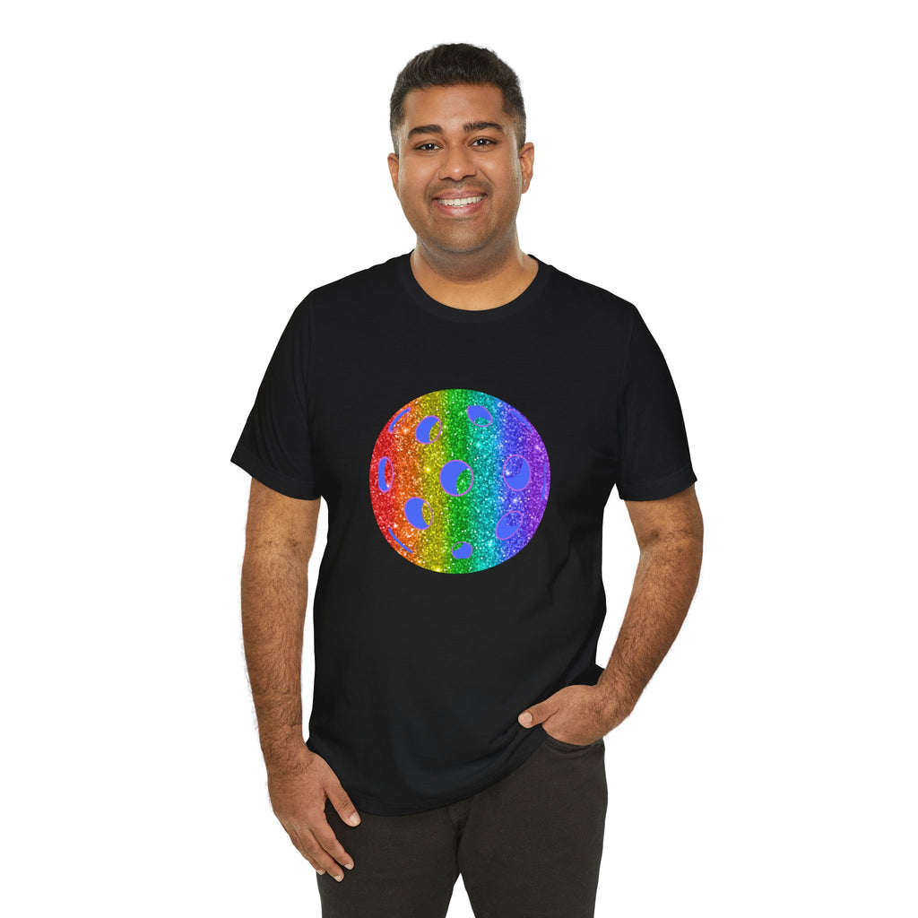 Rainbow glitter pickleball pride T-shirt featuring bold "Sparkle Loud and Proud" text for LGBTQ+ support and celebration.