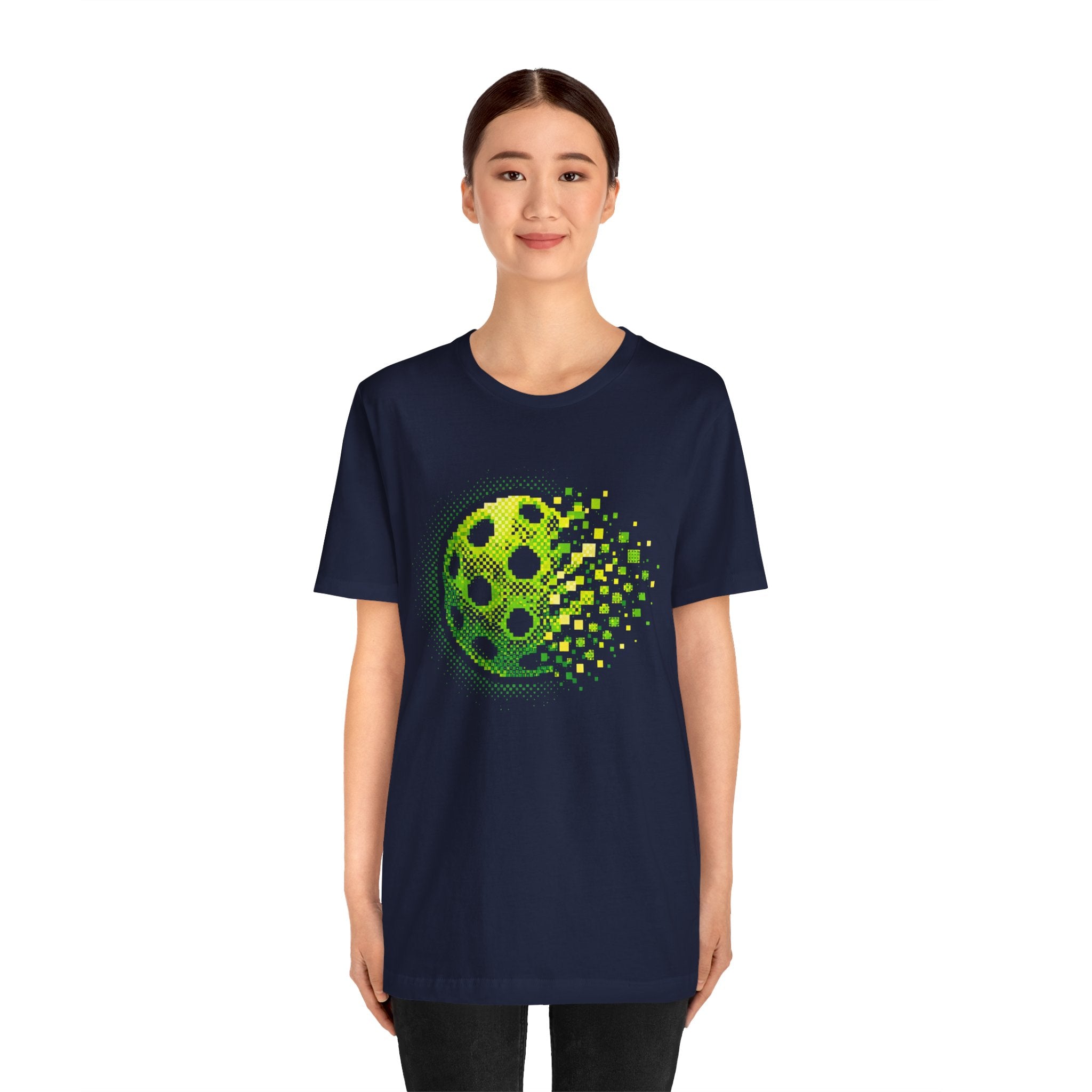 Pixelated Pickleball Tee in green featuring a retro court graphic, casual T-shirt by Printify, suitable for pickleball enthusiasts.