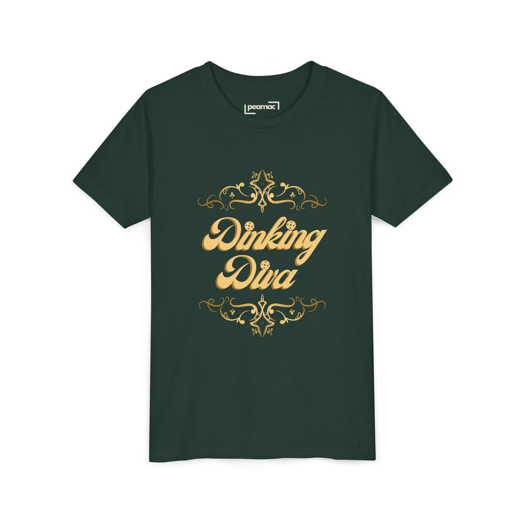 Kids' Youth Dinking Diva T-shirt with gold filigree pickleball graphic, colorful kids' clothing from Printify.