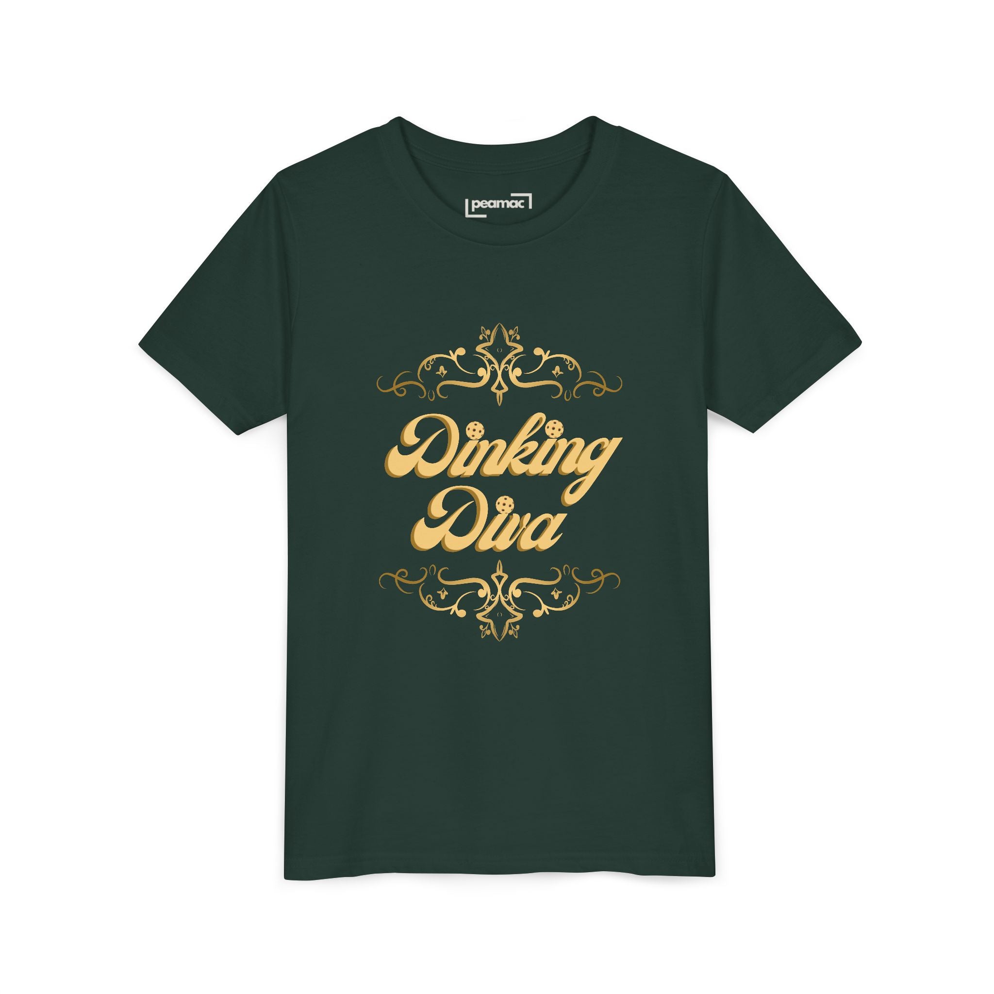 Kids' Youth Dinking Diva T-shirt with gold filigree pickleball graphic, colorful kids' clothing from Printify.