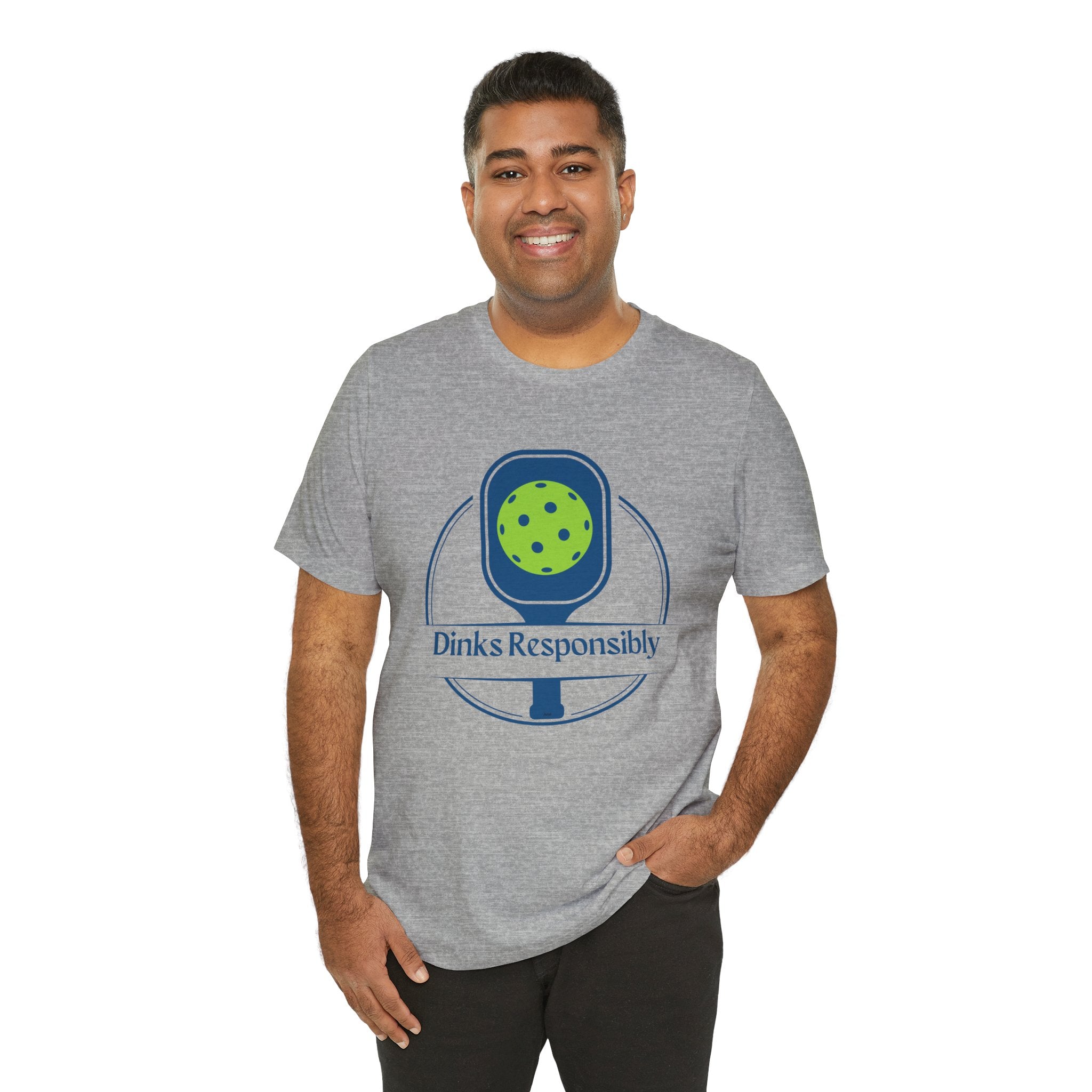 Dinks Responsibly Pickleball T-shirt by Printify featuring a paddle and ball graphic for pickleball enthusiasts.