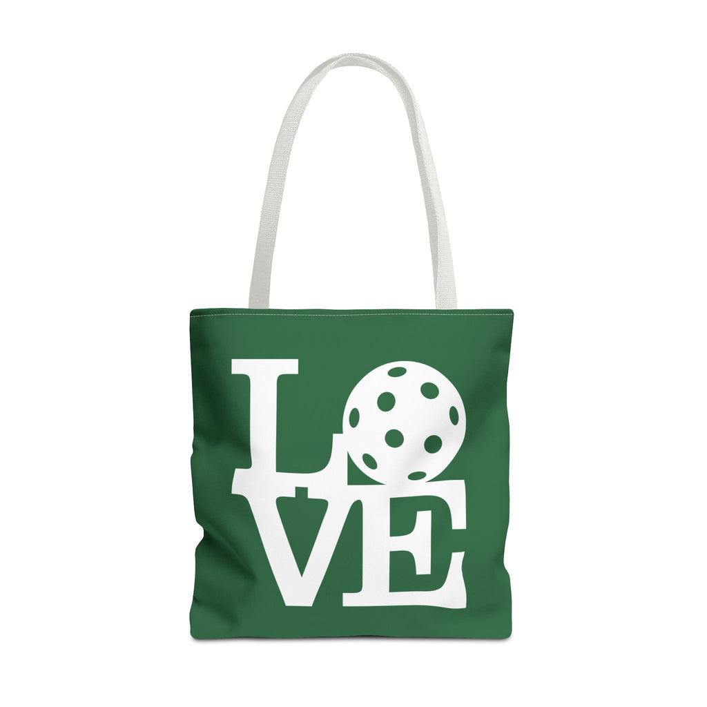 Dark green Pickleball LOVE tote bag, 18x18 inches, sporty carryall with bold white lettering, made by Printify.
