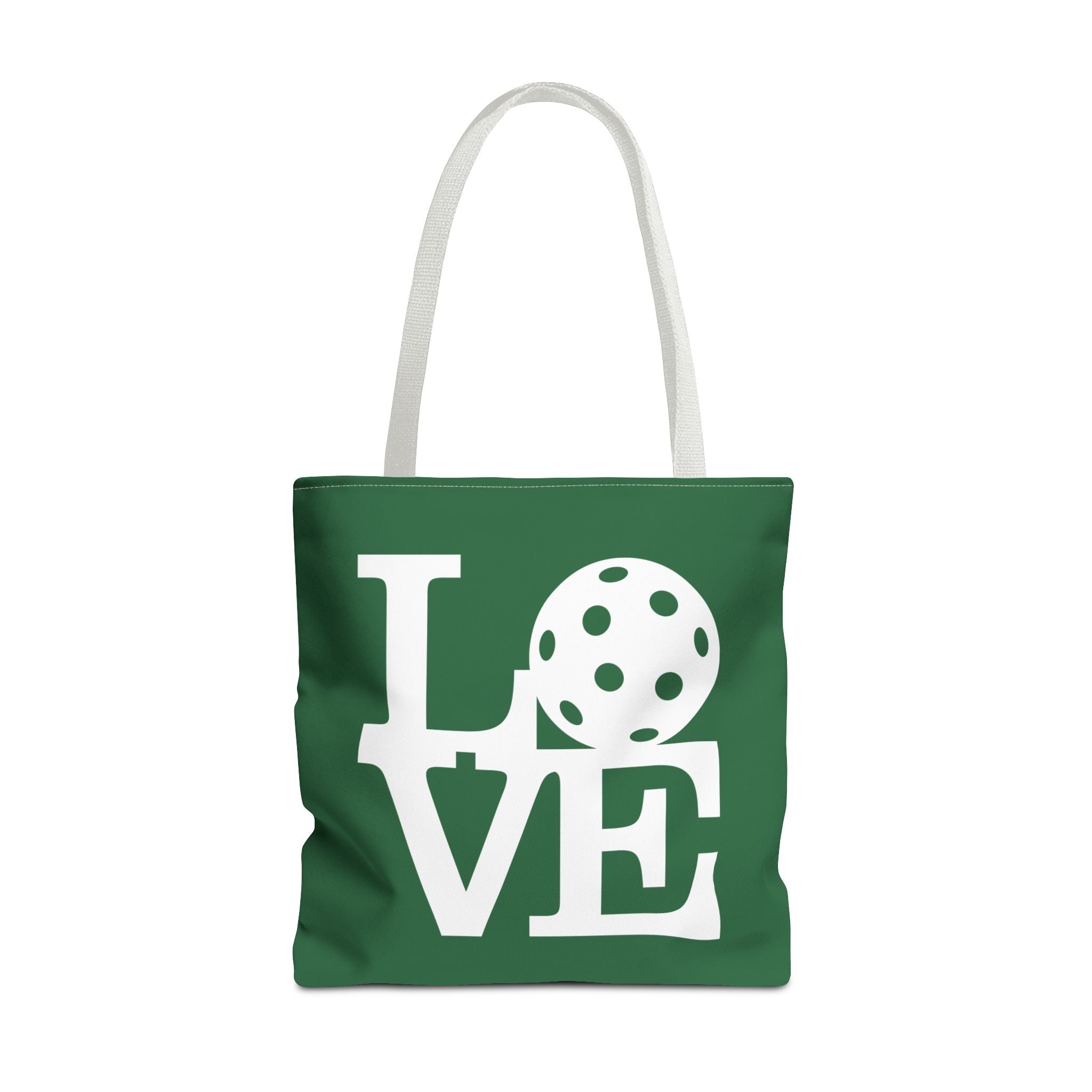 Dark green Pickleball LOVE tote bag, 18x18 inches, sporty carryall with bold white lettering, made by Printify.