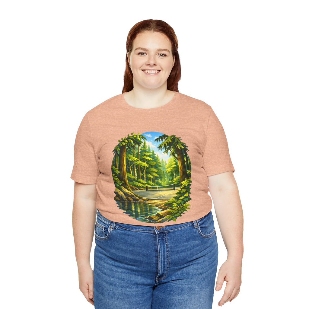 Unisex Hidden Forest Pickleball T-Shirt with Bainbridge Island tribute design, featuring a forest scene on a comfortable cotton tee.