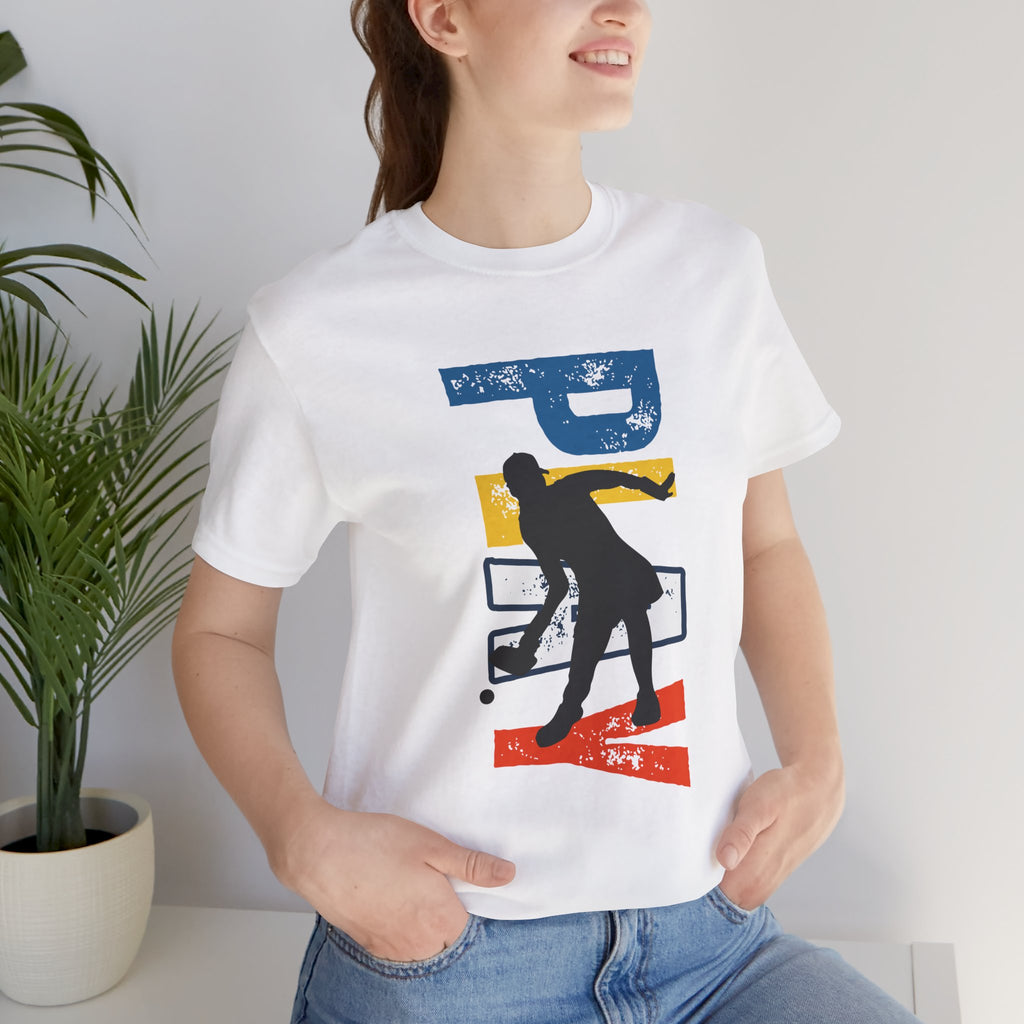 Women's retro-inspired pickleball T-shirt with vertical back print, featuring bold "PICKLEBALL" text in a stylish design.