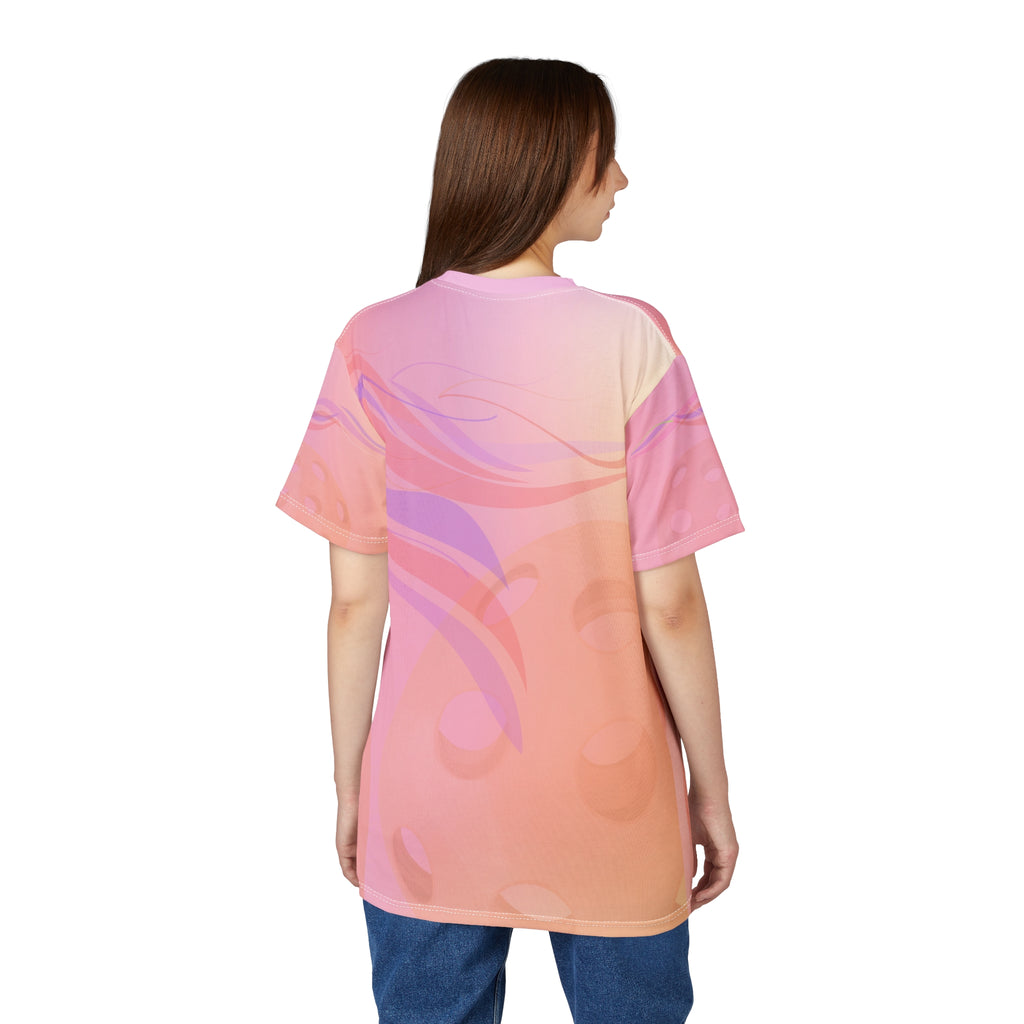 All-over print July Sunset Pickleball Tee by Printify, moisture-wicking unisex T-shirt with vibrant sunset design.