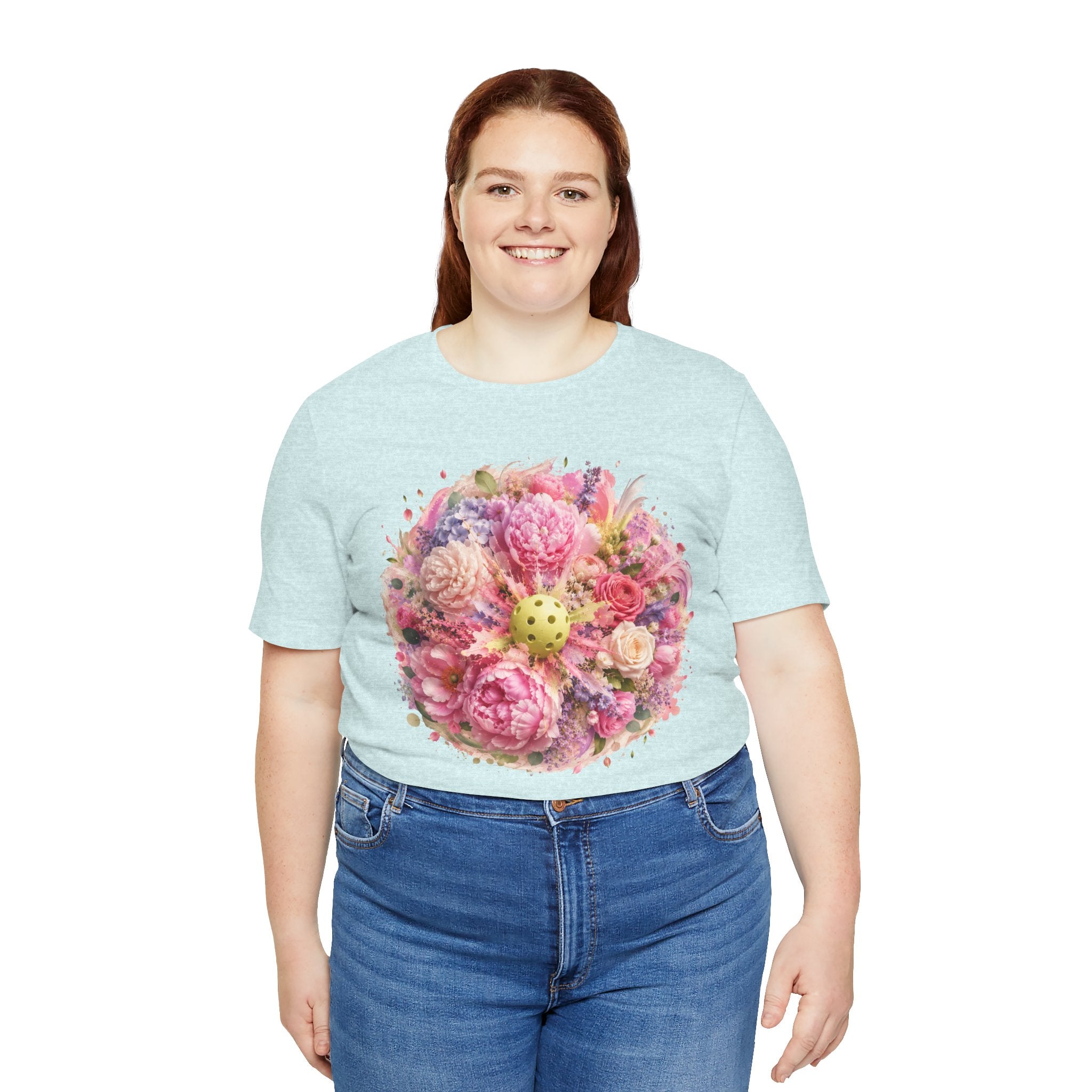 Peony Pickleball Tee by Printify, a unisex cotton T-shirt with a colorful peony design, casual and comfortable for everyday wear.