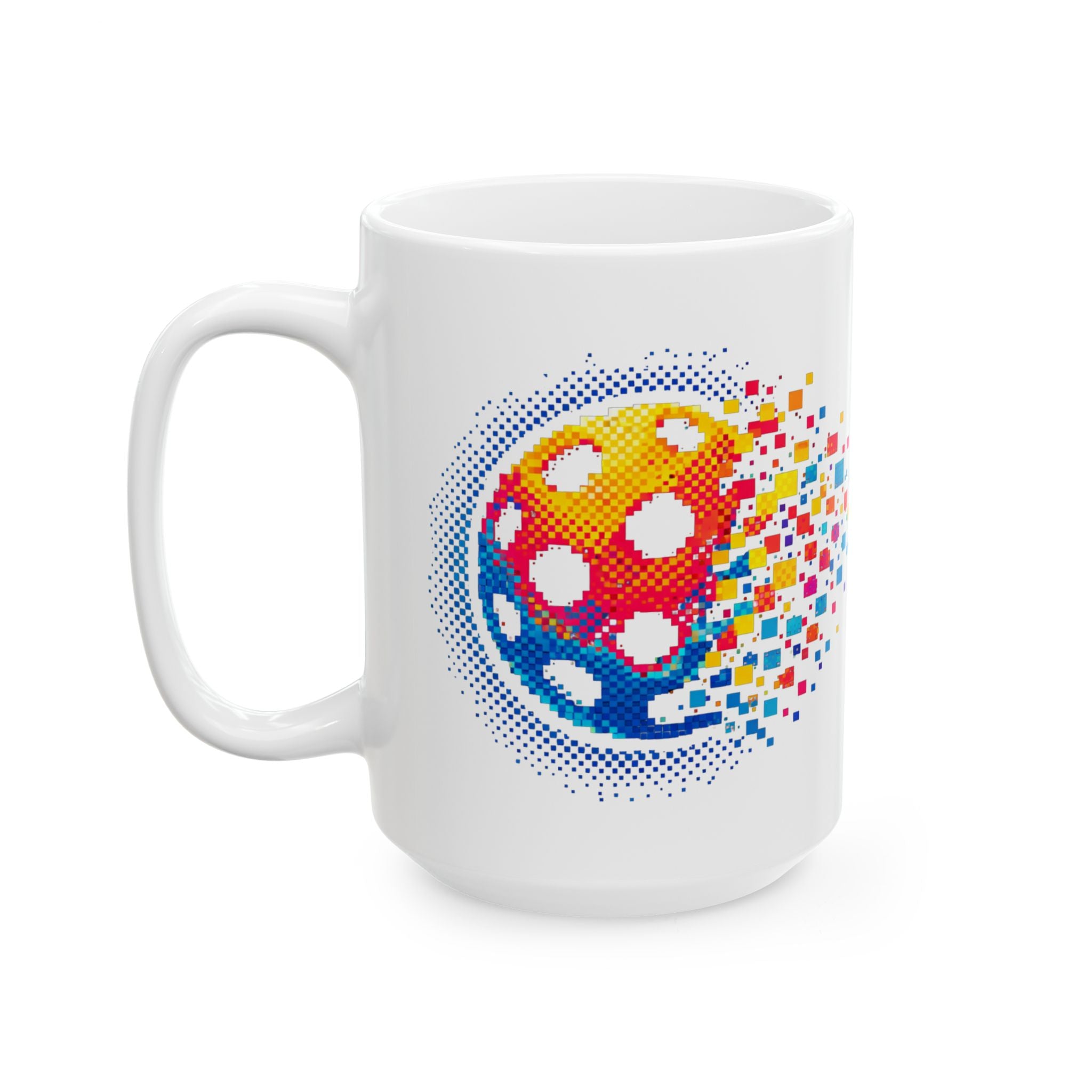 Pixelated Pickleball Ceramic Mug with retro exploding pickleball design, available in 11oz and 15oz sizes.