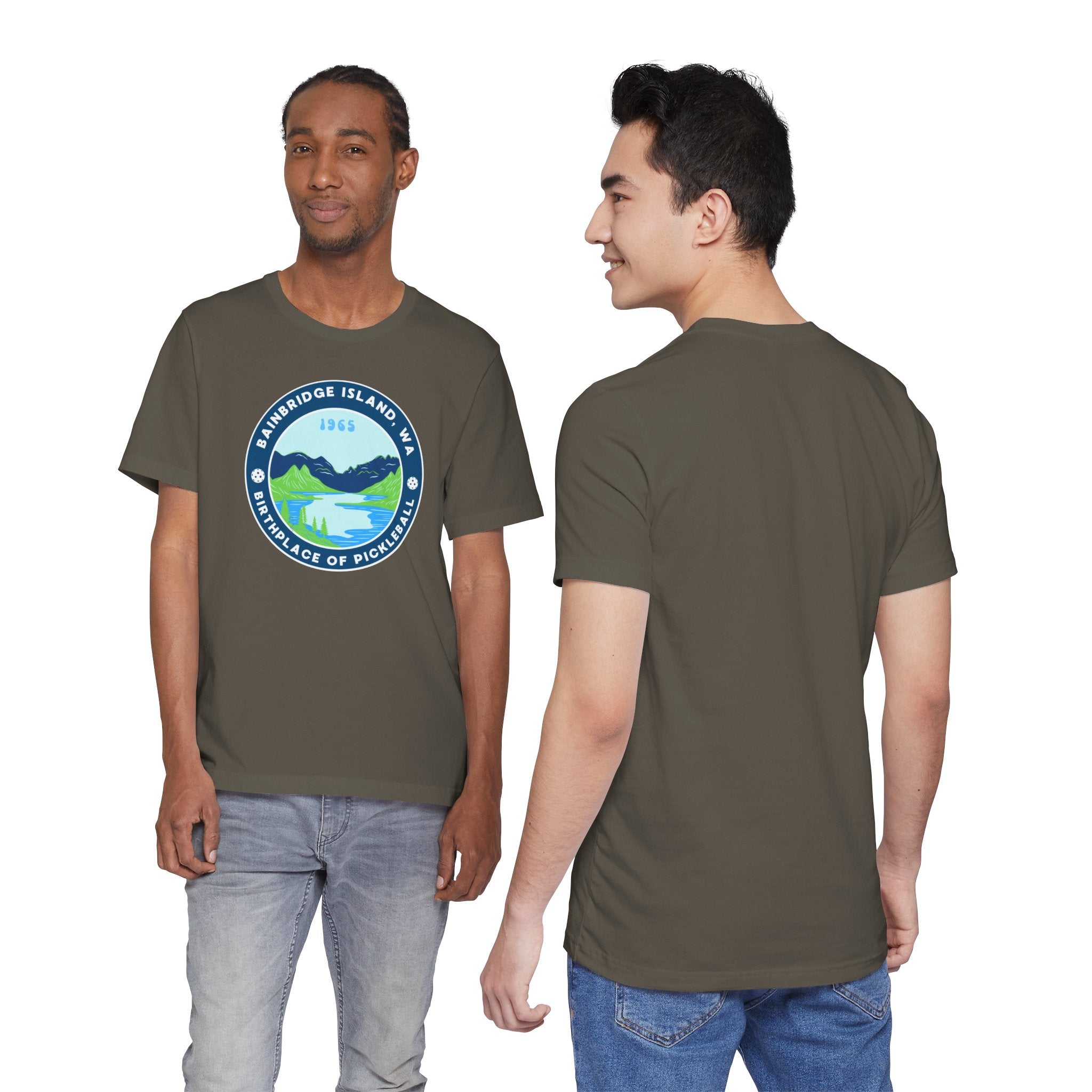 Unisex Bainbridge Island Pickleball T-Shirt featuring "Birthplace of Pickleball 1965" design, casual graphic tee for pickleball fans.