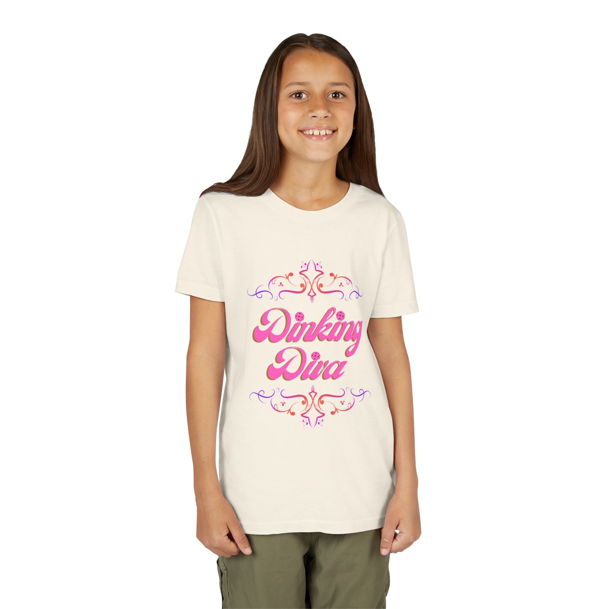 Pink Dinking Diva youth pickleball shirt by Printify featuring a fun filigree pickleball design, perfect for kids' activewear.