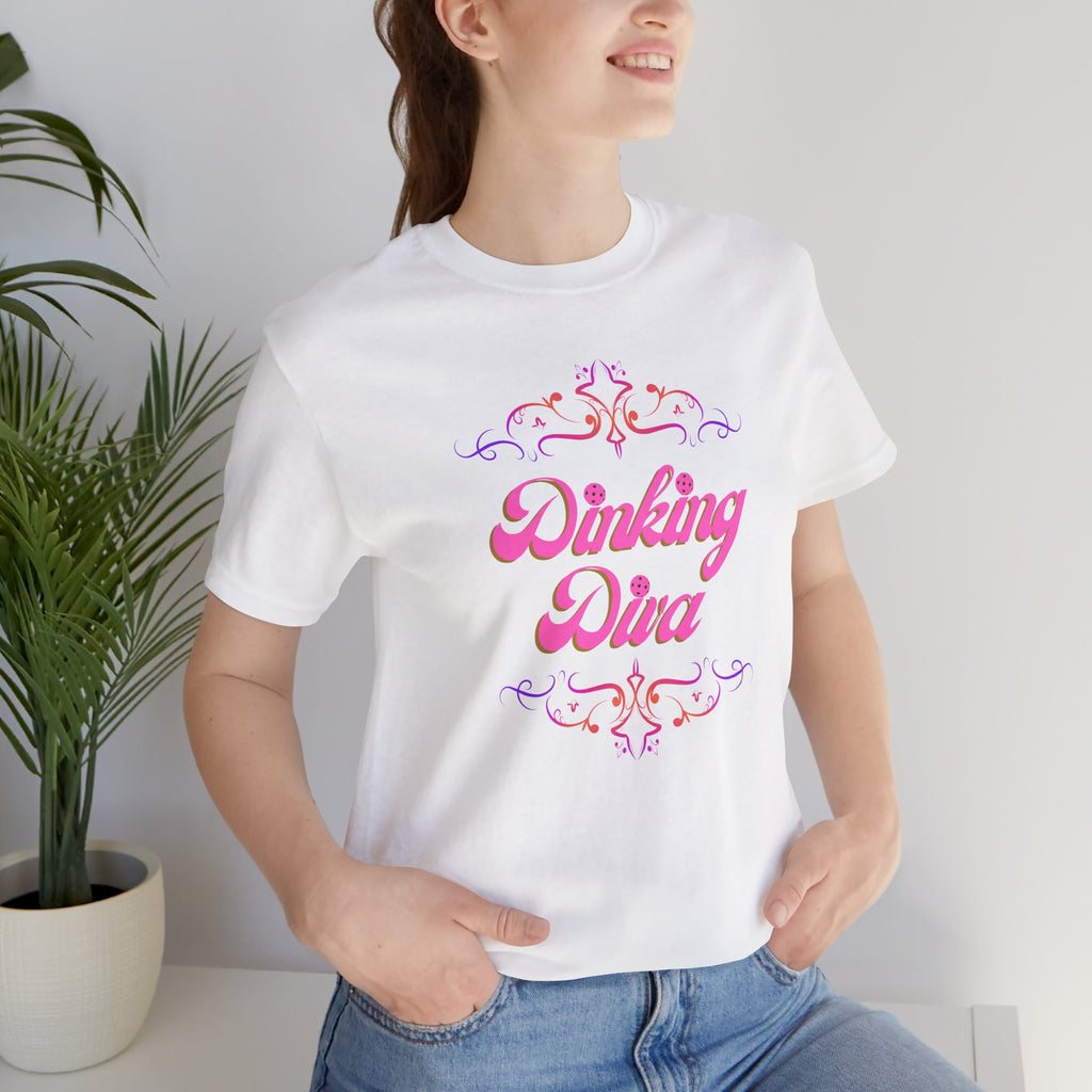 Pink Dinking Diva Pickleball T-shirt by Printify featuring a stylish filigree athletic design on a comfortable tee.