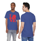 Red LOVE Pickleball graphic T-shirt with bold pop art design, casual unisex tee by Printify, perfect for pickleball enthusiasts.