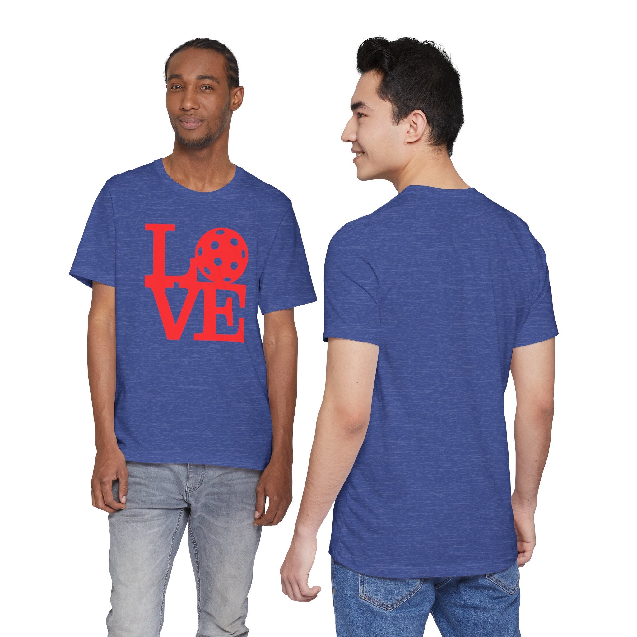 Red LOVE Pickleball graphic T-shirt with bold pop art design, casual unisex tee by Printify, perfect for pickleball enthusiasts.