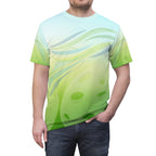 Unisex Pickleball Summer Breeze Tee with green leaf wave all-over print, moisture-wicking fabric, by Printify.