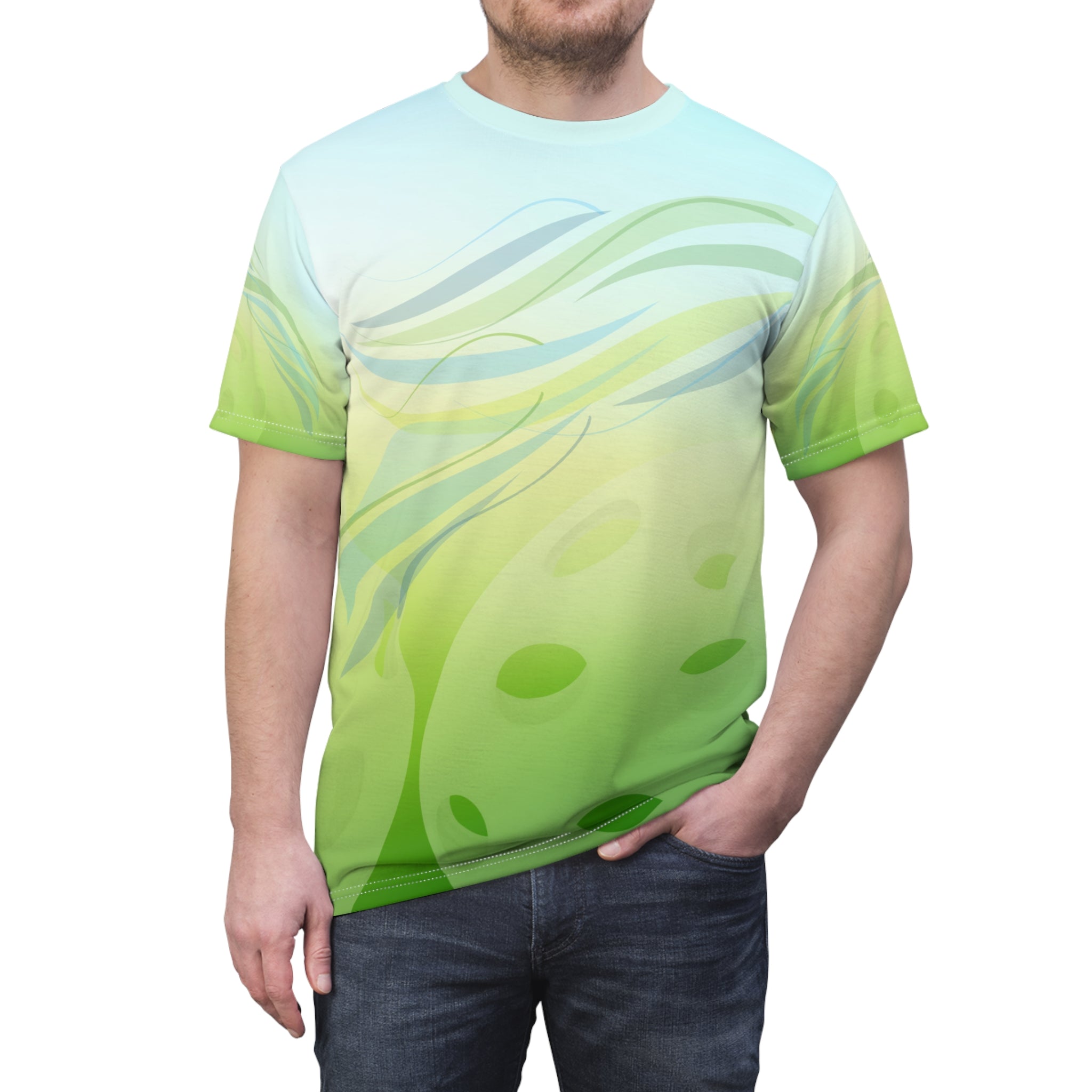 Unisex Pickleball Summer Breeze Tee with green leaf wave all-over print, moisture-wicking fabric, by Printify.