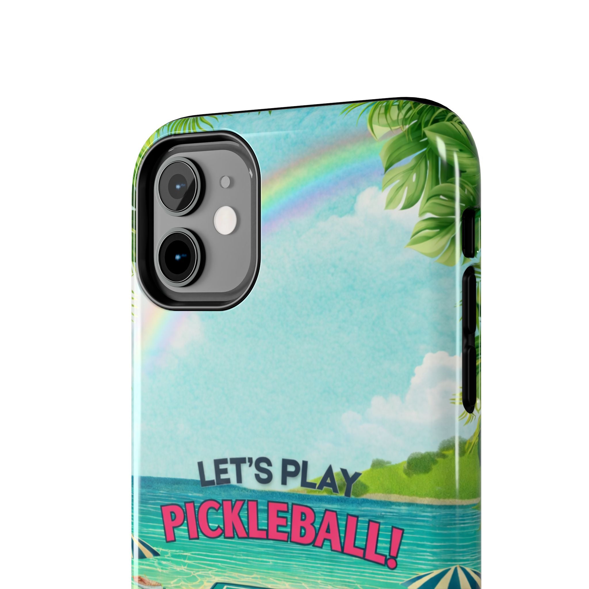 Let's Play Pickleball tropical tough phone case by Printify, featuring vibrant beach court design for iPhone and Android.